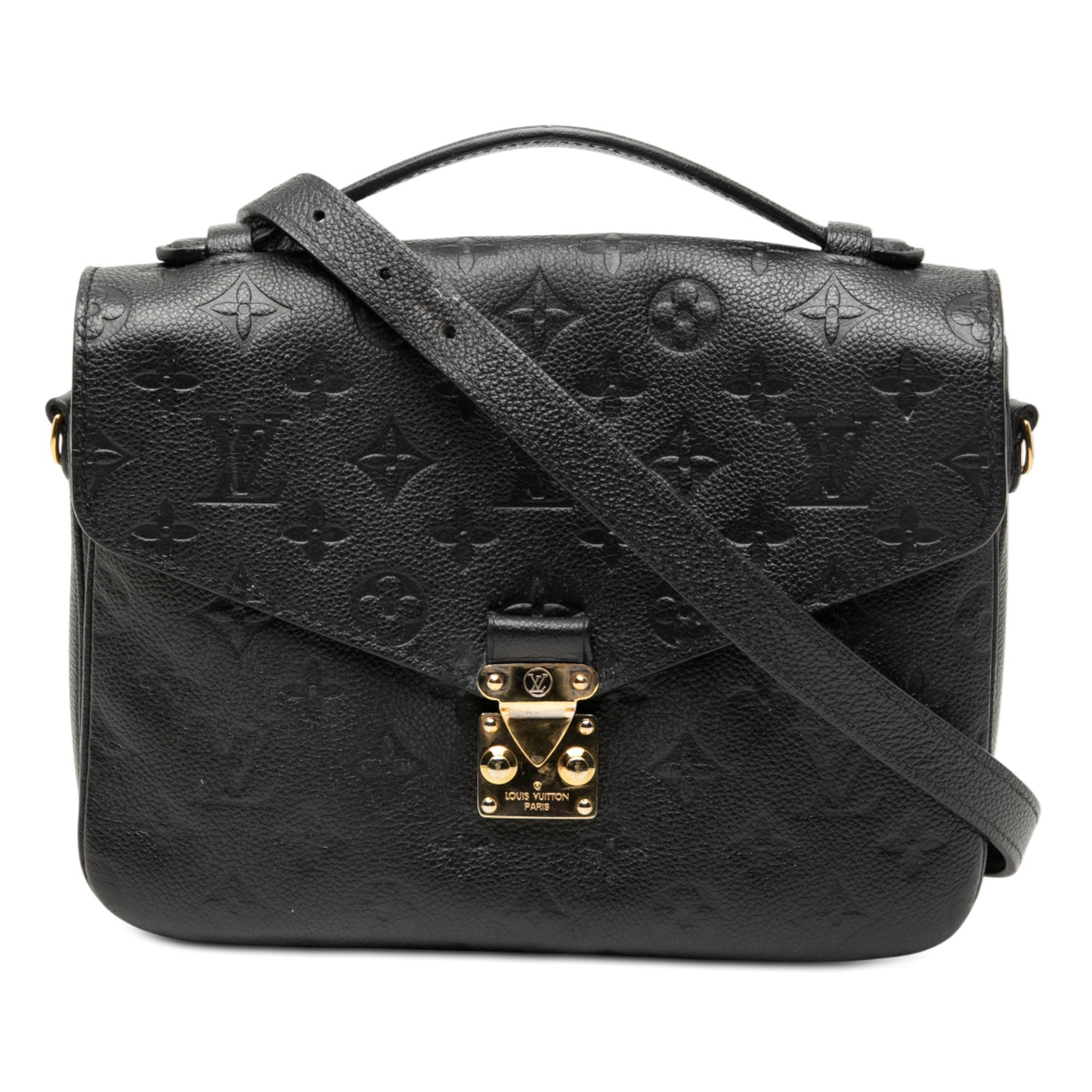 Louis Vuitton Black Monogram Empreinte Leather Pochette Metis Bag: Louis Vuitton Black Monogram Empreinte Leather Pochette Metis Bag The Louis Vuitton Monogram Empreinte Pochette Metis showcases a black monogram empreinte leather body with a flat leather top handle a