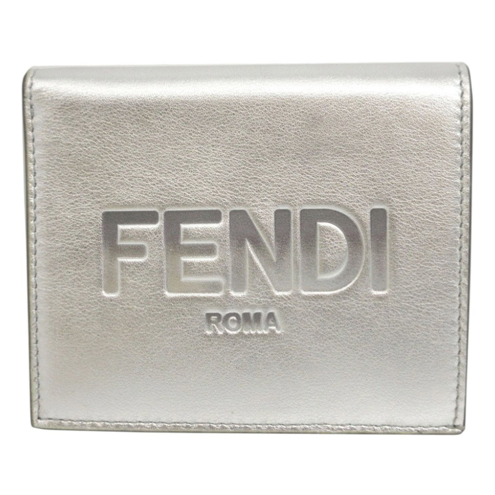 Fendi Silver Metallic Leather Compact Bifold Wallet with Logo: Fendi Silver Metallic Leather Compact Bifold Wallet with Logo This Fendi bifold compact wallet is crafted from metallic leather in a silver tone. It features a snap button closure, an exterior back zi