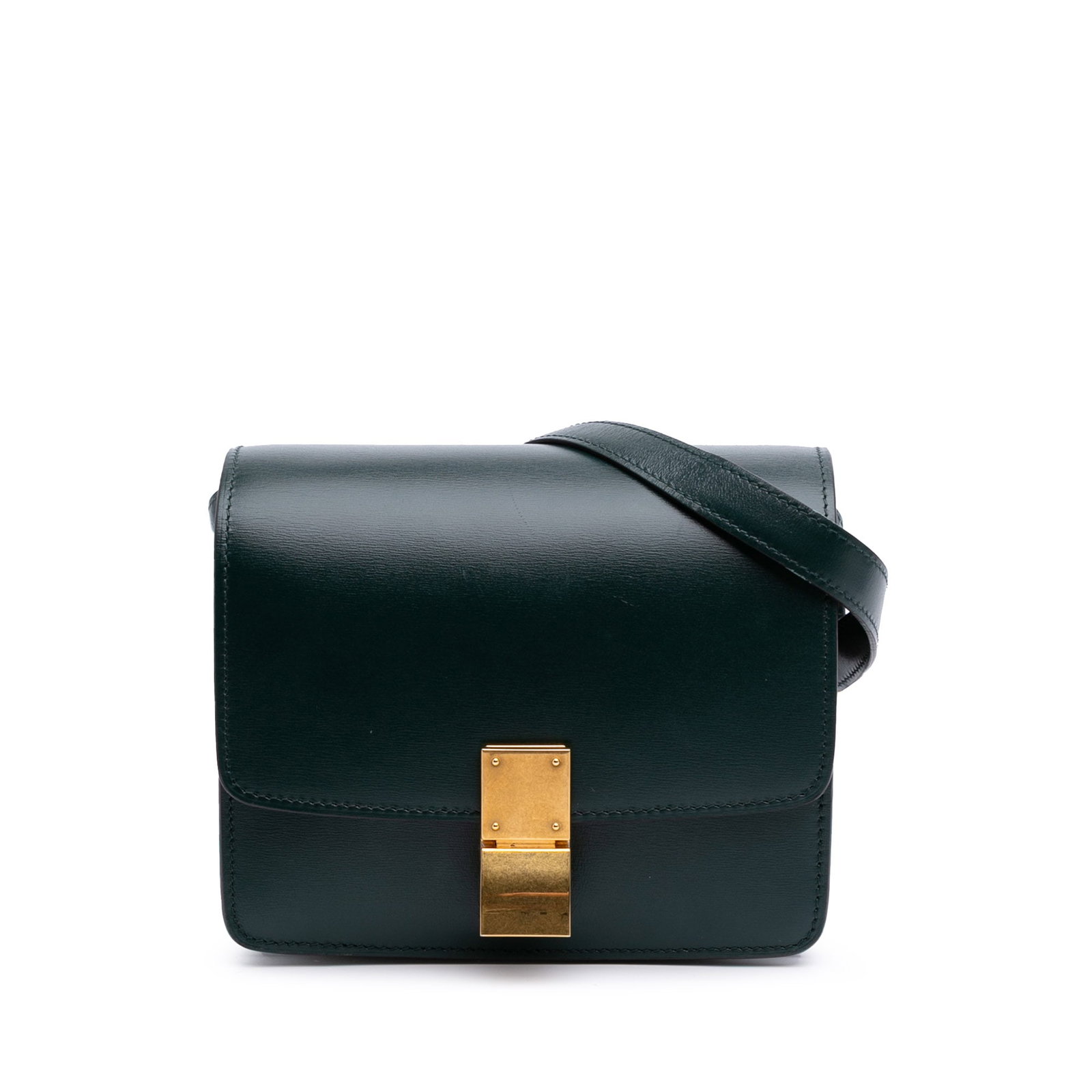 Celine Small Calfskin Classic Box Green Leather Crossbody Bag: Celine Small Calfskin Classic Box Green Leather Crossbody Bag Introducing the Celine Small Calfskin Classic Box crossbody bag, a chic and practical accessory crafted from high-quality leather. This st