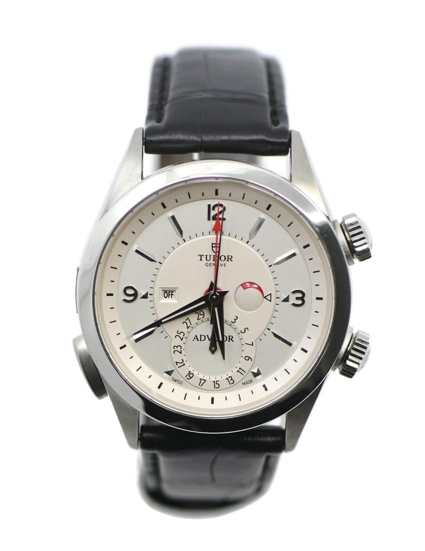 TUDOR Heritage Advisor 42mm Automatic Stainless Steel Wristwatch: TUDOR Heritage Advisor 42mm Automatic Stainless Steel Wristwatch This Tudor Heritage Advisor wristwatch features a 42mm stainless steel case with a smooth silver bezel and a solid caseback. The watch 