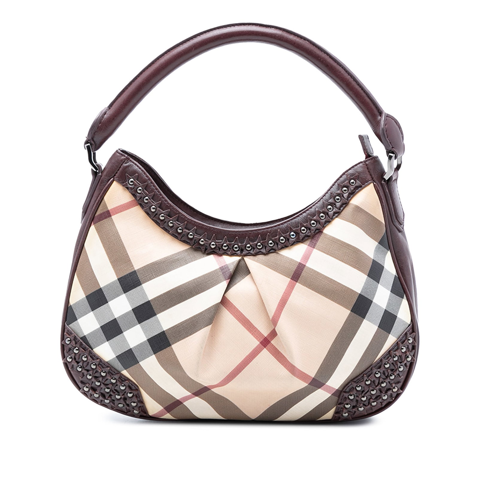 Burberry Hernville Hobo Supernova Check Canvas Bag with Star Stud Accents: Burberry Hernville Hobo Supernova Check Canvas Bag with Star Stud Accents This Burberry Hernville Hobo bag features the signature Supernova check coated canvas with leather trim and star-shaped stud d