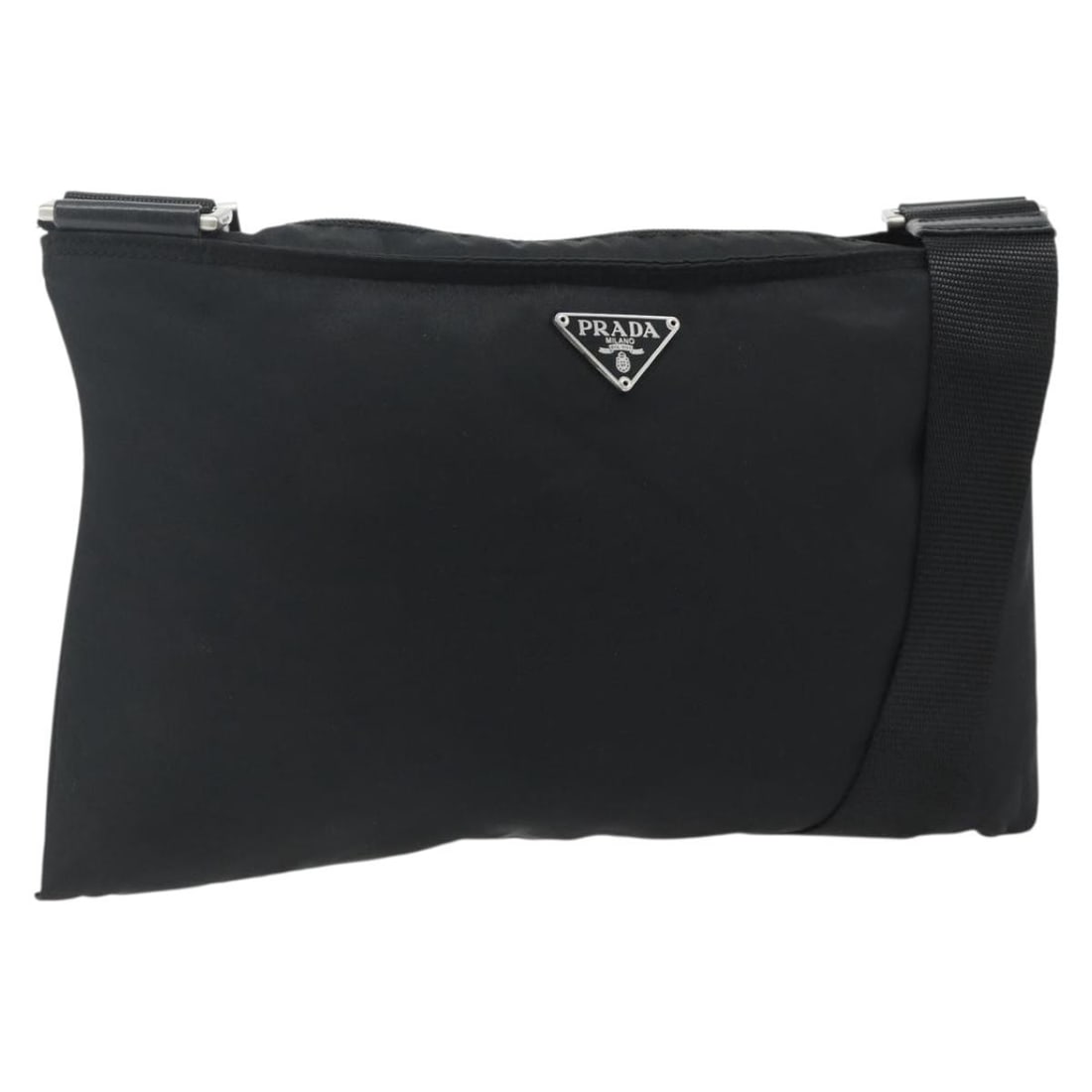 Prada black nylon women shoulder bag Italy silver trim: Prada black nylon women shoulder bag Italy silver trim This PRADA shoulder bag features a sleek black nylon exterior with silver-tone accents. Designed for women, it offers a spacious interior and adj