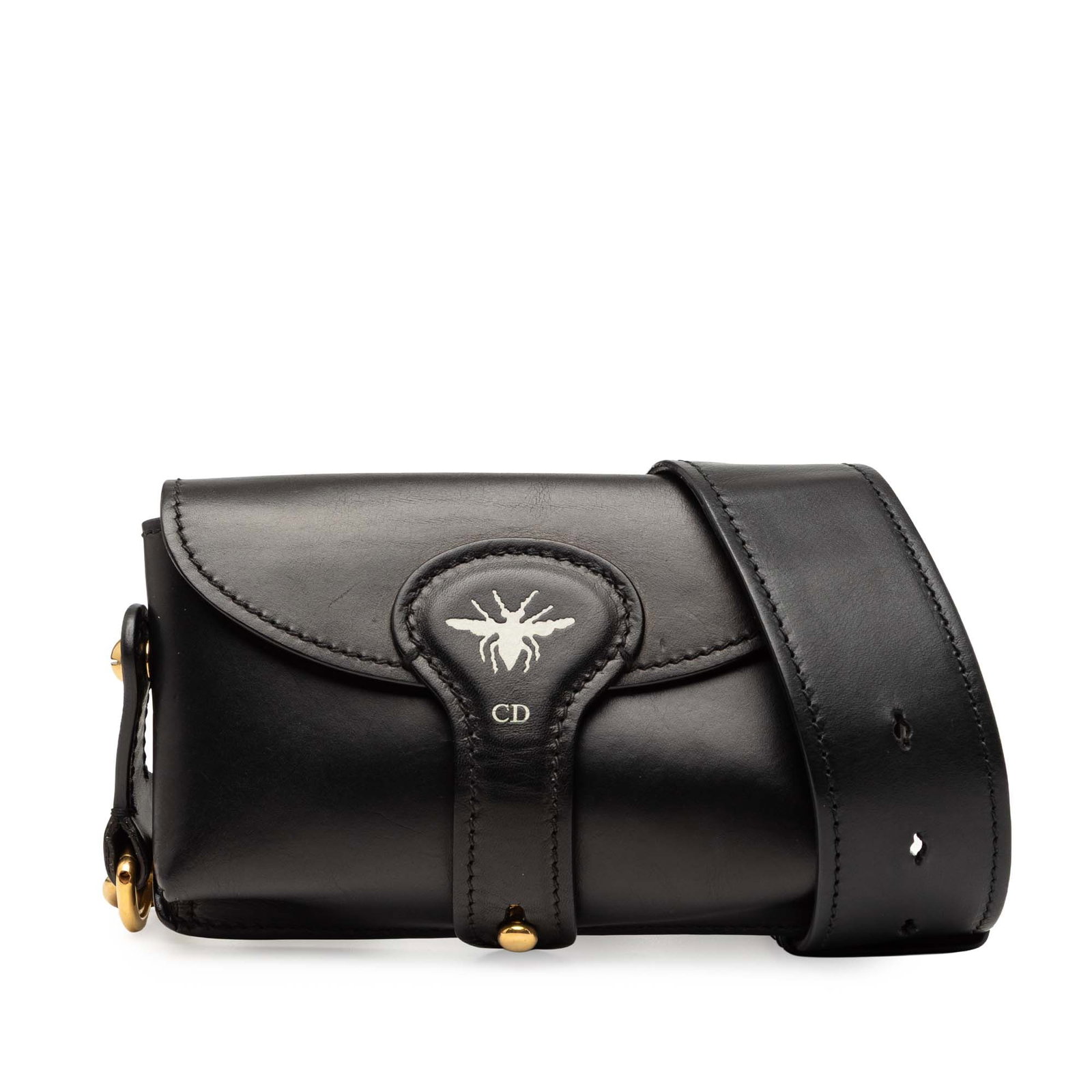 Mini D Bee Saddle Bag by Dior in Black Leather: Mini D Bee Saddle Bag by Dior in Black Leather This Dior Mini Leather D Bee Saddle Bag features a black leather body with a distinctive saddle silhouette. It includes a detachable and adjustable flat 