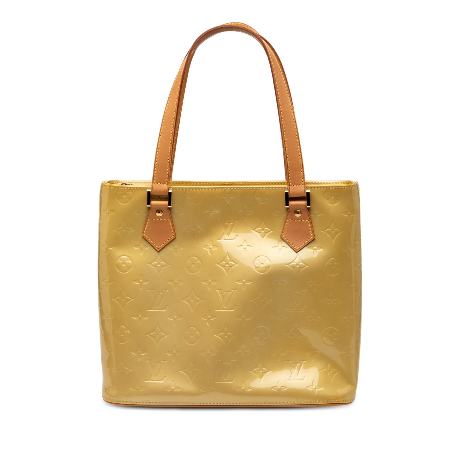 Louis Vuitton Houston Yellow Vernis Leather Shoulder Bag with Vachetta Handles: Louis Vuitton Houston Yellow Vernis Leather Shoulder Bag with Vachetta Handles This Louis Vuitton Monogram Vernis Houston bag features a vernis leather body in yellow, flat vachetta leather handles, a
