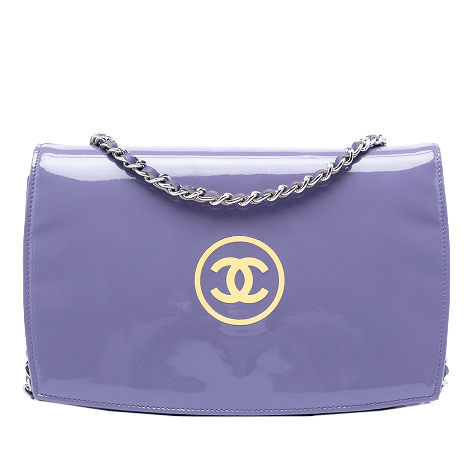 Chanel Purple Patent Leather Wallet On Chain with CC Logo: Chanel Purple Patent Leather Wallet On Chain with CC Logo This Chanel CC Wallet On Chain showcases a patent leather body in purple with a signature leather-woven chain strap. The design features a fro