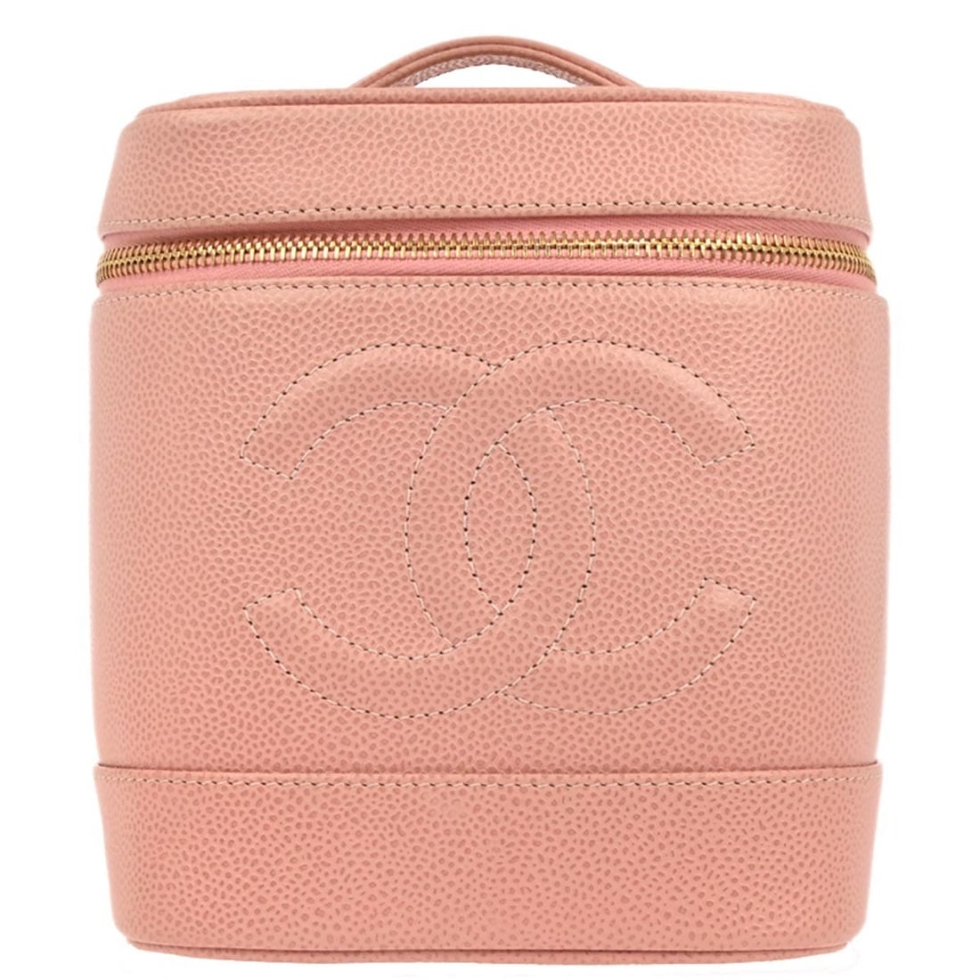 Timeless Vanity Bag in Pink Caviar Leather with Gold Hardware by Chanel: Timeless Vanity Bag in Pink Caviar Leather with Gold Hardware by Chanel This Chanel Timeless Vanity handbag is crafted from pink caviar skin leather with a jumbo CC logo pattern. It features a medium 