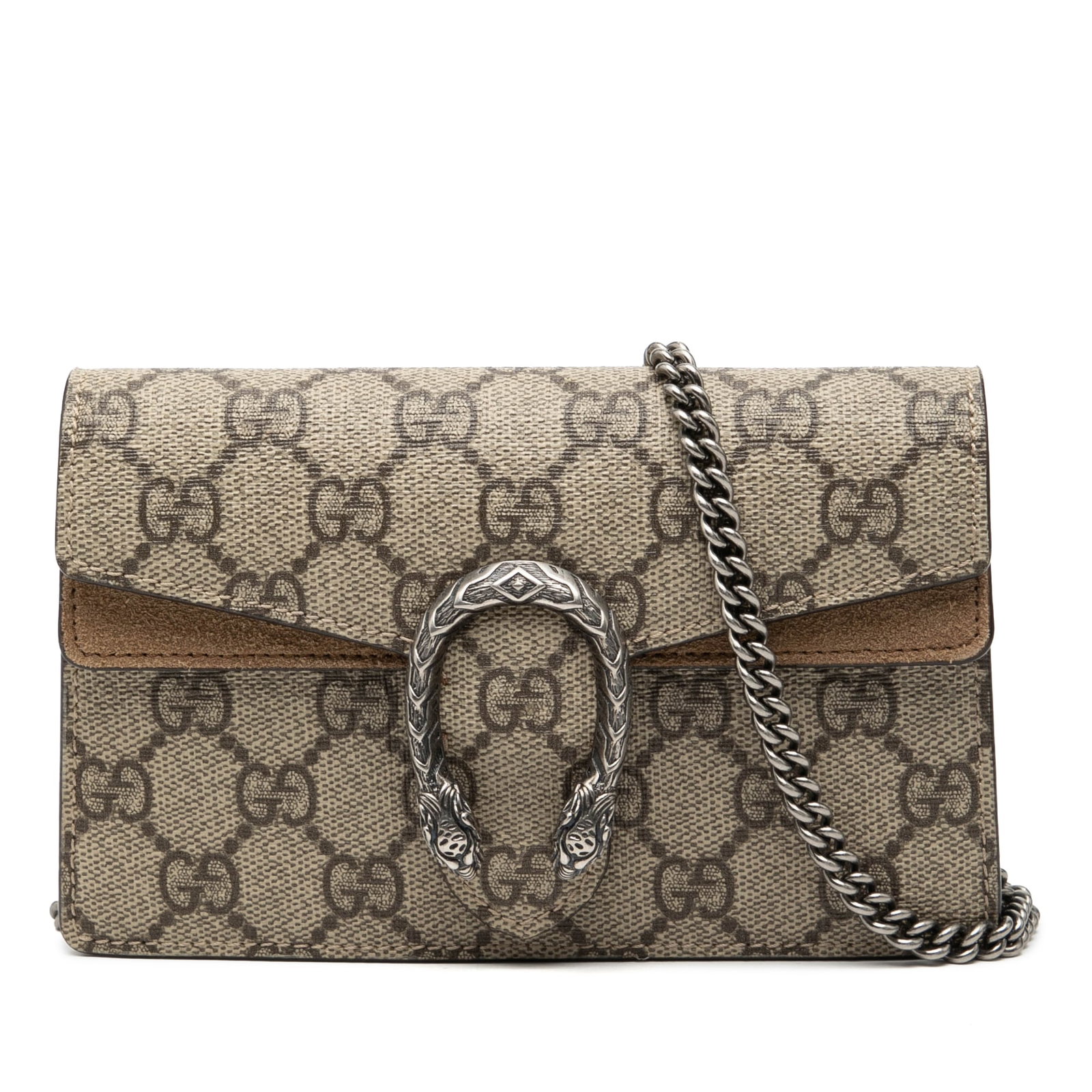 Mini Dionysus GG Supreme Beige Canvas Crossbody Bag with Suede Trim: Mini Dionysus GG Supreme Beige Canvas Crossbody Bag with Suede Trim The Gucci Mini GG Supreme Dionysus Crossbody is crafted with a canvas body featuring suede leather trim. It includes a chain link st