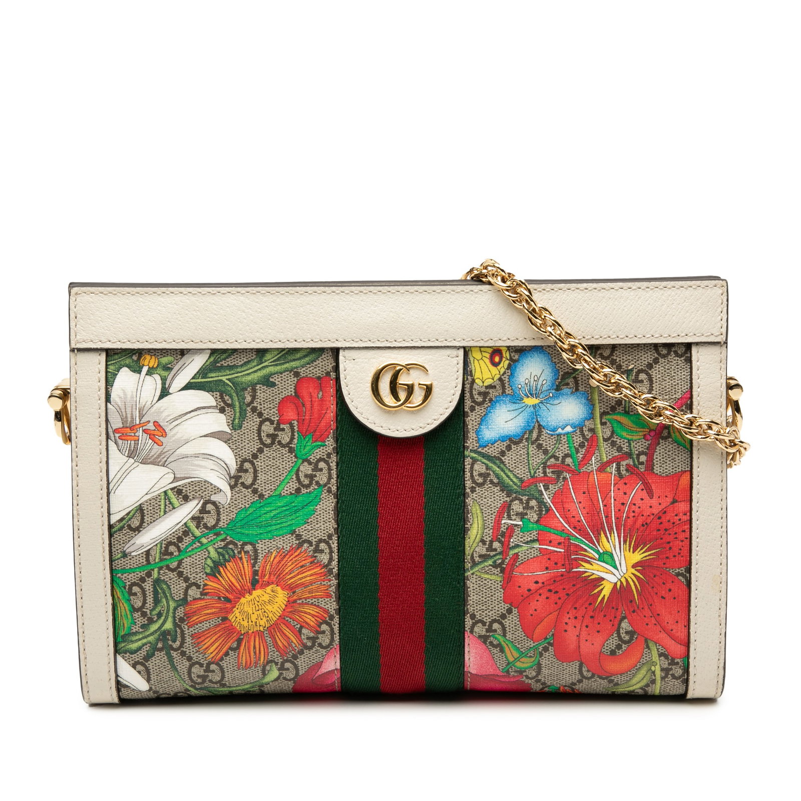 Gucci Ophidia Flora Web Chain Crossbody Small GG Supreme Canvas Bag: Gucci Ophidia Flora Web Chain Crossbody Small GG Supreme Canvas Bag This Gucci Small GG Supreme Flora Web Ophidia Chain Crossbody bag features a coated canvas body with leather trim, a gold-tone chain