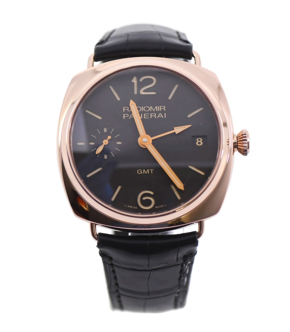 Panerai Radiomir 3 Day GMT 18K Rose Gold Watch PAM00421: Panerai Radiomir 3 Day GMT 18K Rose Gold Watch PAM00421 This exquisite Panerai Radiomir 3 Day GMT wristwatch showcases a stunning 18K rose gold case with a generous diameter of 47 mm. The elegant brow