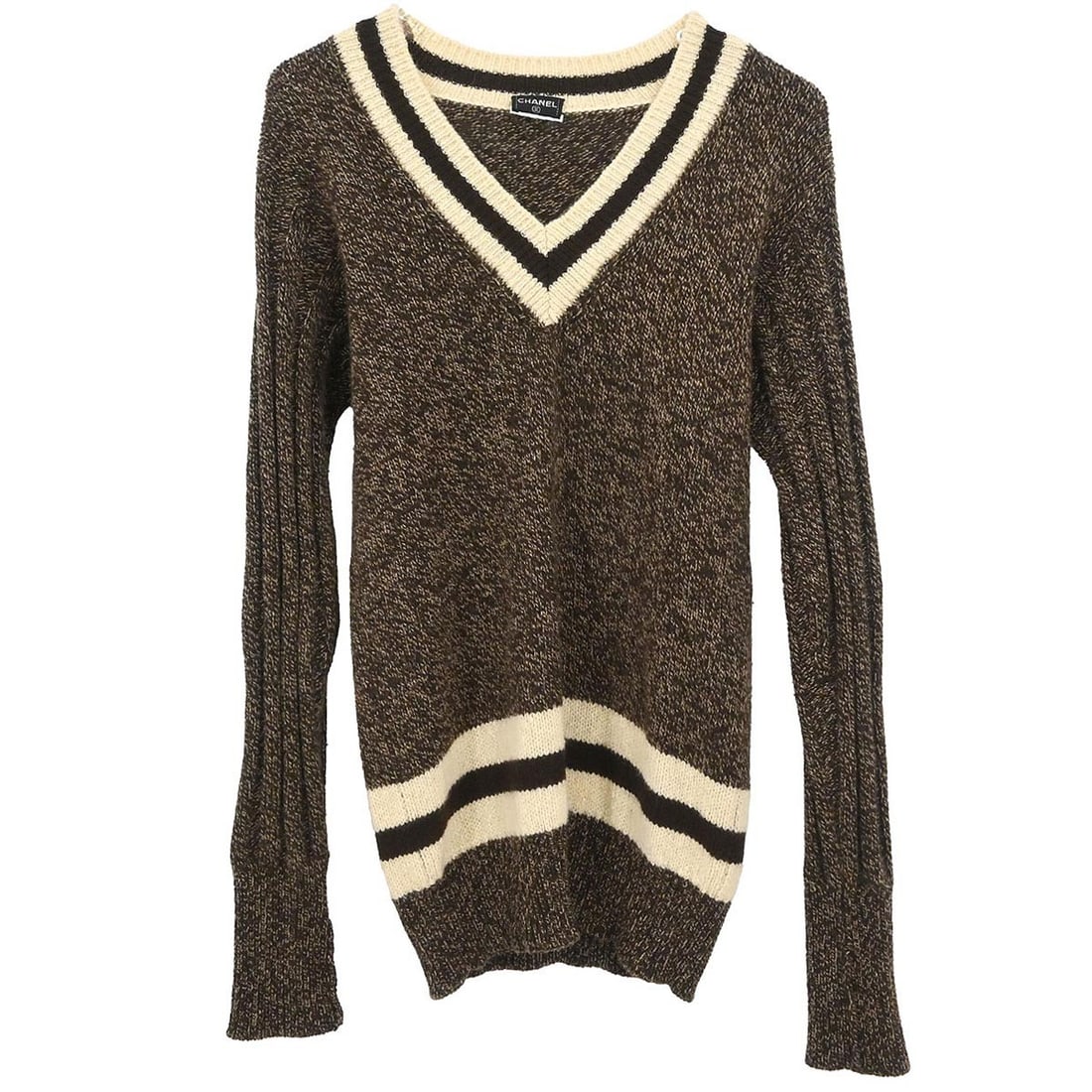 Brown Cashmere Knit V-Neck Long Sleeve Top by Chanel: Brown Cashmere Knit V-Neck Long Sleeve Top by Chanel This Chanel sweater top features a classic V-neck design and long sleeves, crafted from 100% cashmere for a luxurious feel. The brown knit fabric o