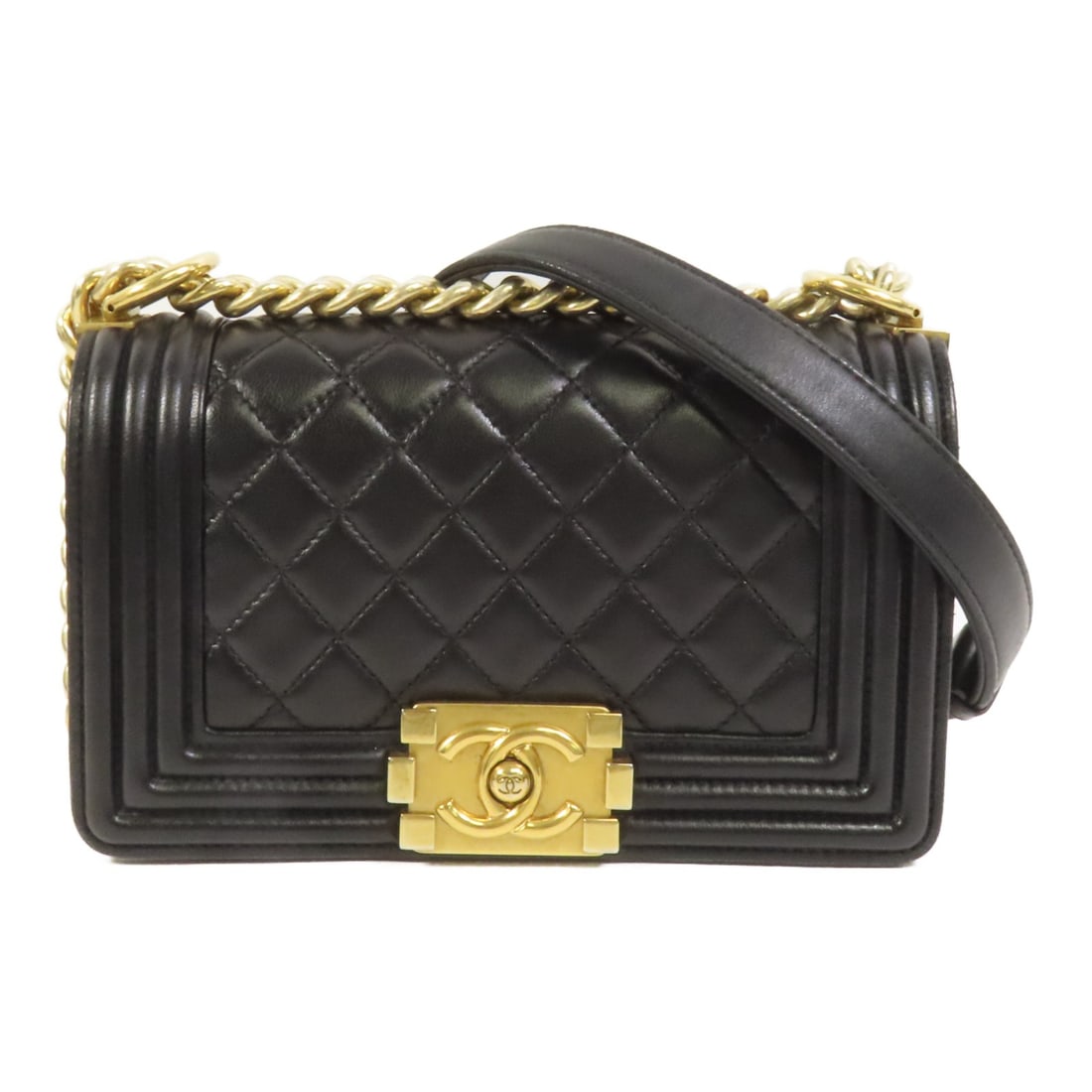 Chanel Boy 20 Black Lambskin Shoulder Bag with Gold Hardware: Chanel Boy 20 Black Lambskin Shoulder Bag with Gold Hardware This Chanel Boy 20 shoulder bag features luxurious black lambskin leather and elegant gold-tone CC hardware. Designed for women, it offers 