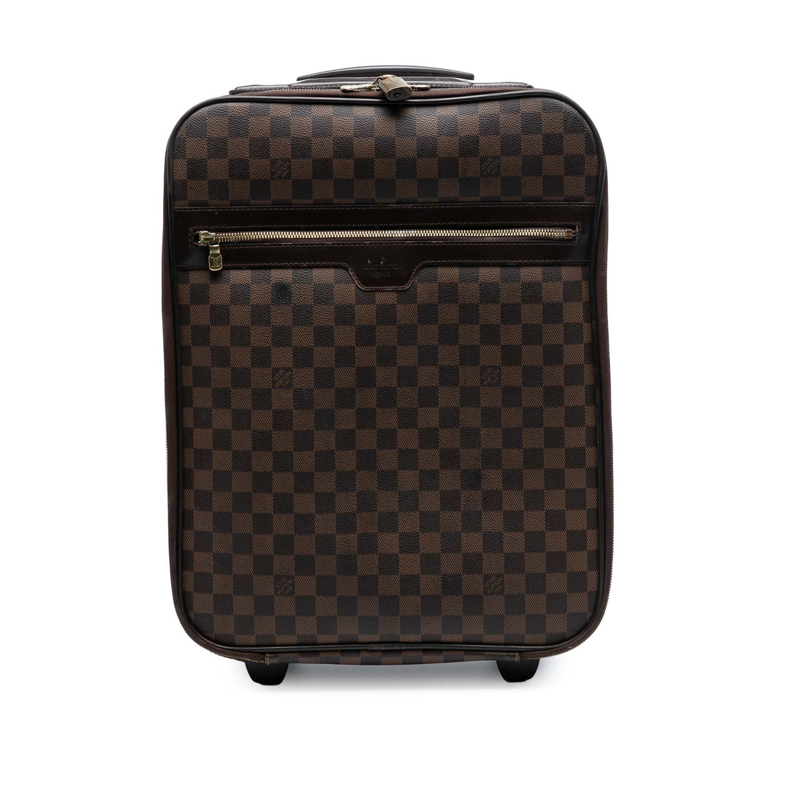 Louis Vuitton Pegase 45 Rolling Luggage in Damier Ebene Canvas and Leather: Louis Vuitton Pegase 45 Rolling Luggage in Damier Ebene Canvas and Leather This Louis Vuitton Damier Ebene Pegase 45 is crafted from the iconic damier ebene canvas with leather trim. It features a fla