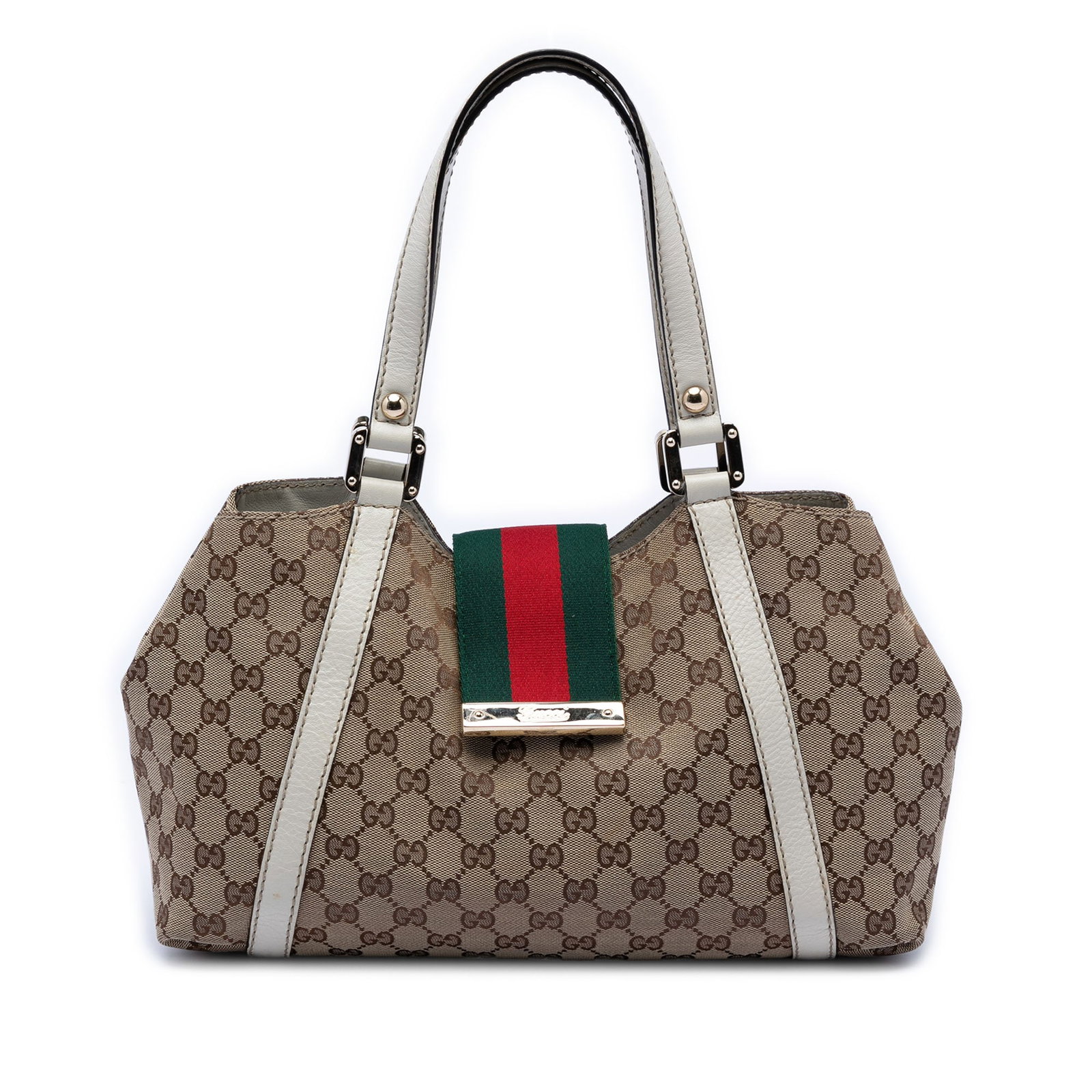 Gucci GG Canvas Web Tote Bag with Leather Trim Beige: Gucci GG Canvas Web Tote Bag with Leather Trim Beige This Gucci GG Canvas Web Ladies Tote features a canvas body with leather trim, flat leather straps, an open top secured by a web strap and magnetic