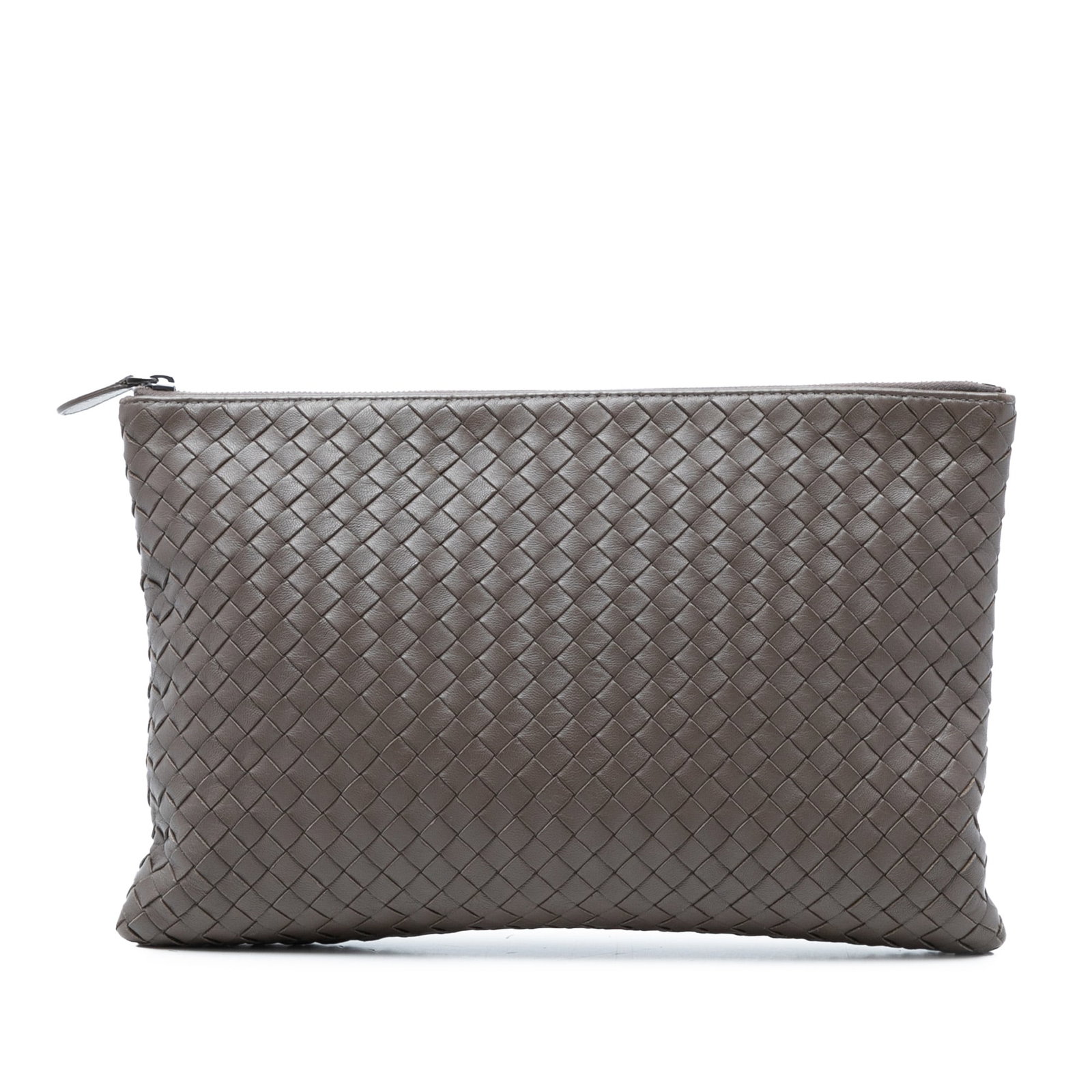 Brown Leather Woven Clutch Bag by Bottega Veneta Nappa Intrecciato: Brown Leather Woven Clutch Bag by Bottega Veneta Nappa Intrecciato This Bottega Veneta Nappa Intrecciato Clutch features a signature woven leather exterior in brown, a top zip closure, and interior sl