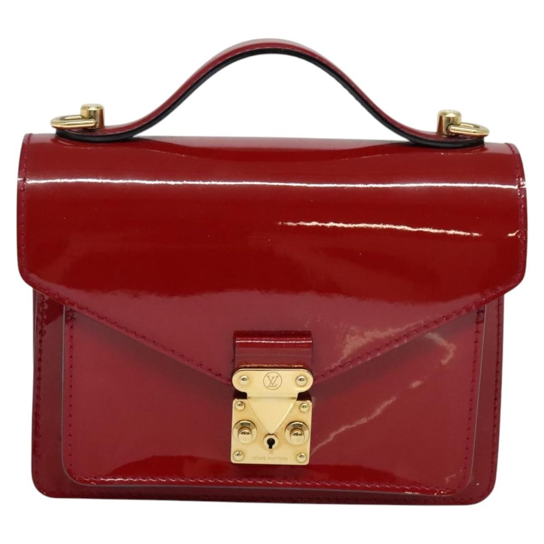 Red Vernis Patent Leather Monceau Bag by Louis Vuitton: Red Vernis Patent Leather Monceau Bag by Louis Vuitton This Louis Vuitton Monceau handbag is crafted from red patent leather and designed for women. The bag features a structured silhouette with a top