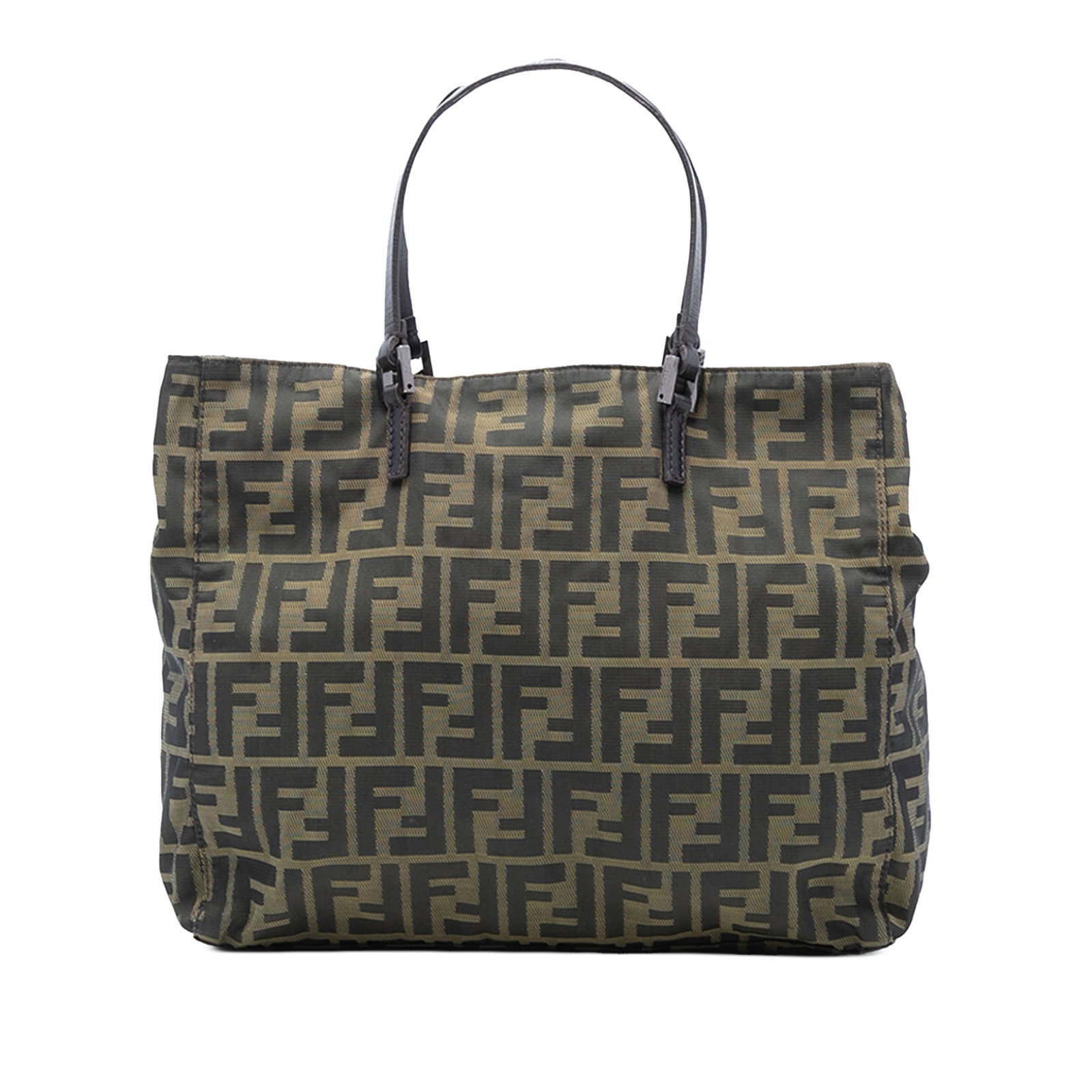 Brown Canvas Tote Bag by Fendi Zucca with Leather Handles: Brown Canvas Tote Bag by Fendi Zucca with Leather Handles This Fendi Zucca Canvas Tote features a brown fabric body with flat leather handles. The bag has an open top, an interior zip compartment, and