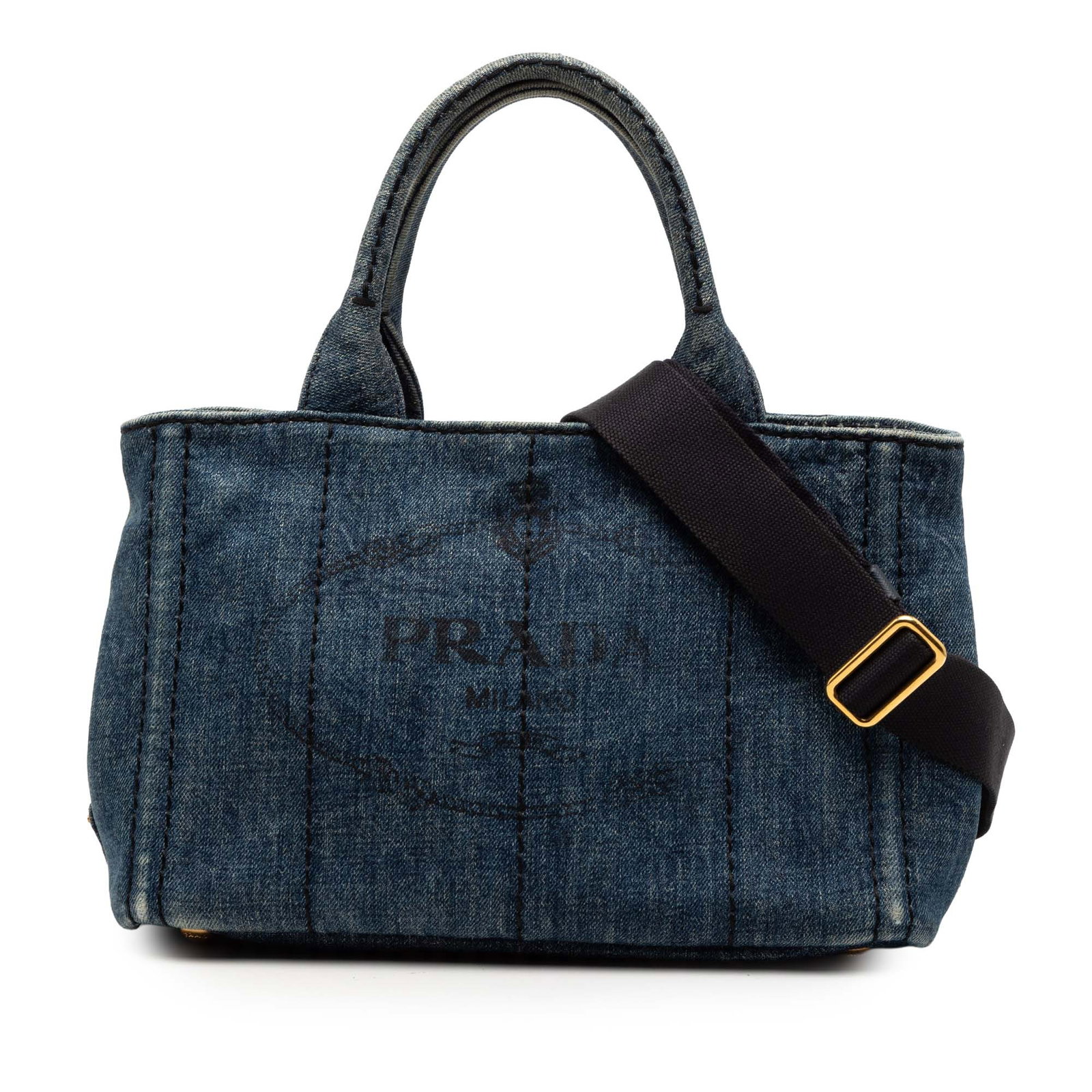 Blue Denim Fabric Satchel with Logo and Detachable Strap by Prada Canapa: Blue Denim Fabric Satchel with Logo and Detachable Strap by Prada Canapa This Prada Small Denim Canapa Logo Satchel features a blue denim fabric body with flat top handles and a detachable strap. The 