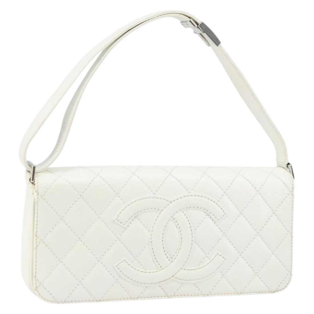White Caviar Skin Matelasse Shoulder Bag with Chain and Silver CC by CHANEL: White Caviar Skin Matelasse Shoulder Bag with Chain and Silver CC by CHANEL This CHANEL Matelasse chain shoulder bag is crafted from white grained caviar calfskin and features silver-tone CC hardware.