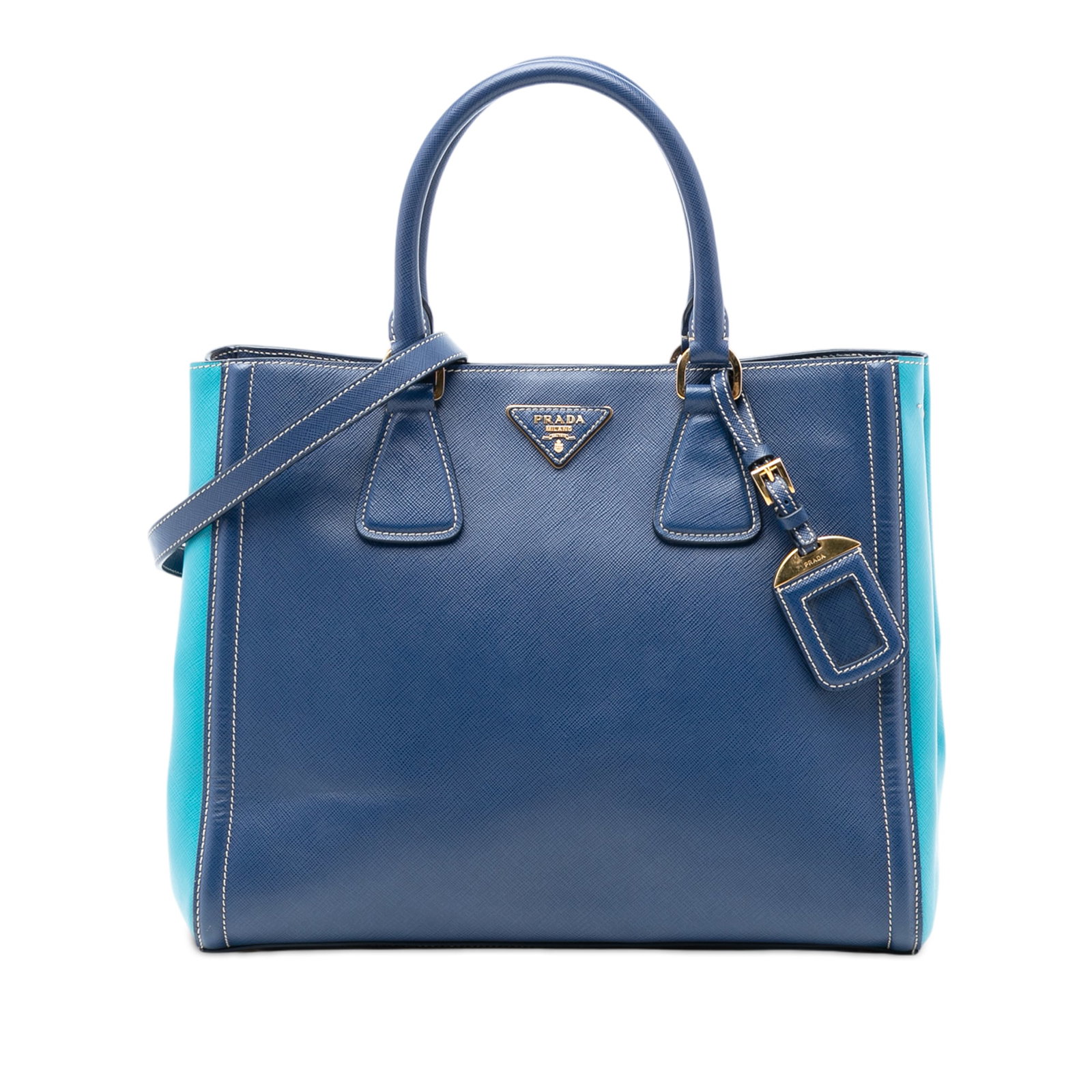 Prada Galleria Medium Blue Saffiano Leather Bicolor Satchel Bag: Prada Galleria Medium Blue Saffiano Leather Bicolor Satchel Bag This Prada Medium Bicolor Saffiano Lux Galleria Satchel features a saffiano leather body with rolled leather handles and a detachable, a