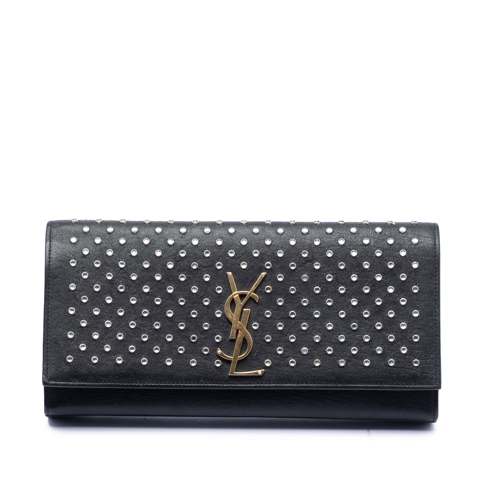 Saint Laurent Cassandre Crystal Studded Leather Monogram Black Clutch Bag: Saint Laurent Cassandre Crystal Studded Leather Monogram Black Clutch Bag This Saint Laurent clutch features a black leather body adorned with crystal studs and a front flap secured by a magnetic clos