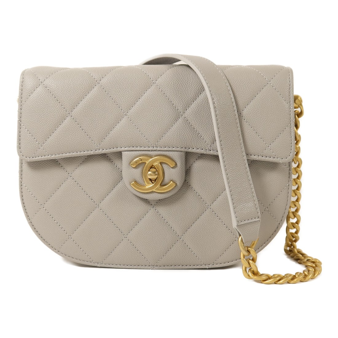 Chanel Round Gray Calfskin Messenger Shoulder Bag with Gold Tone CC Chain: Chanel Round Gray Calfskin Messenger Shoulder Bag with Gold Tone CC Chain This CHANEL CC round messenger chain shoulder bag features grey calfskin leather and gold-tone hardware. Designed for women, i
