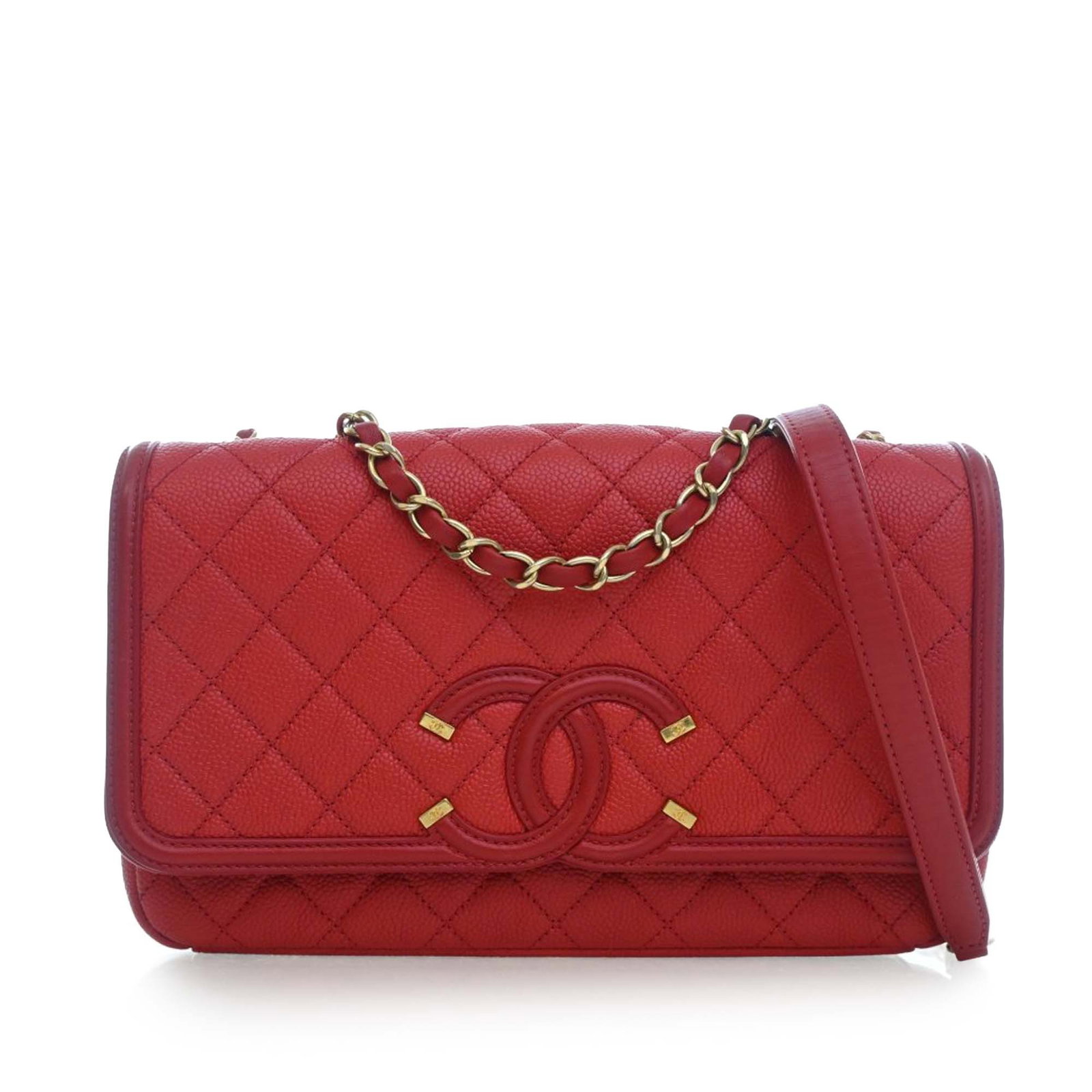 Chanel Red Caviar Leather Medium CC Filigree Quilted Flap Shoulder Bag: Chanel Red Caviar Leather Medium CC Filigree Quilted Flap Shoulder Bag This Chanel Medium CC Filigree Flap Bag showcases a quilted caviar leather body in red, complemented by a leather-woven chain sho