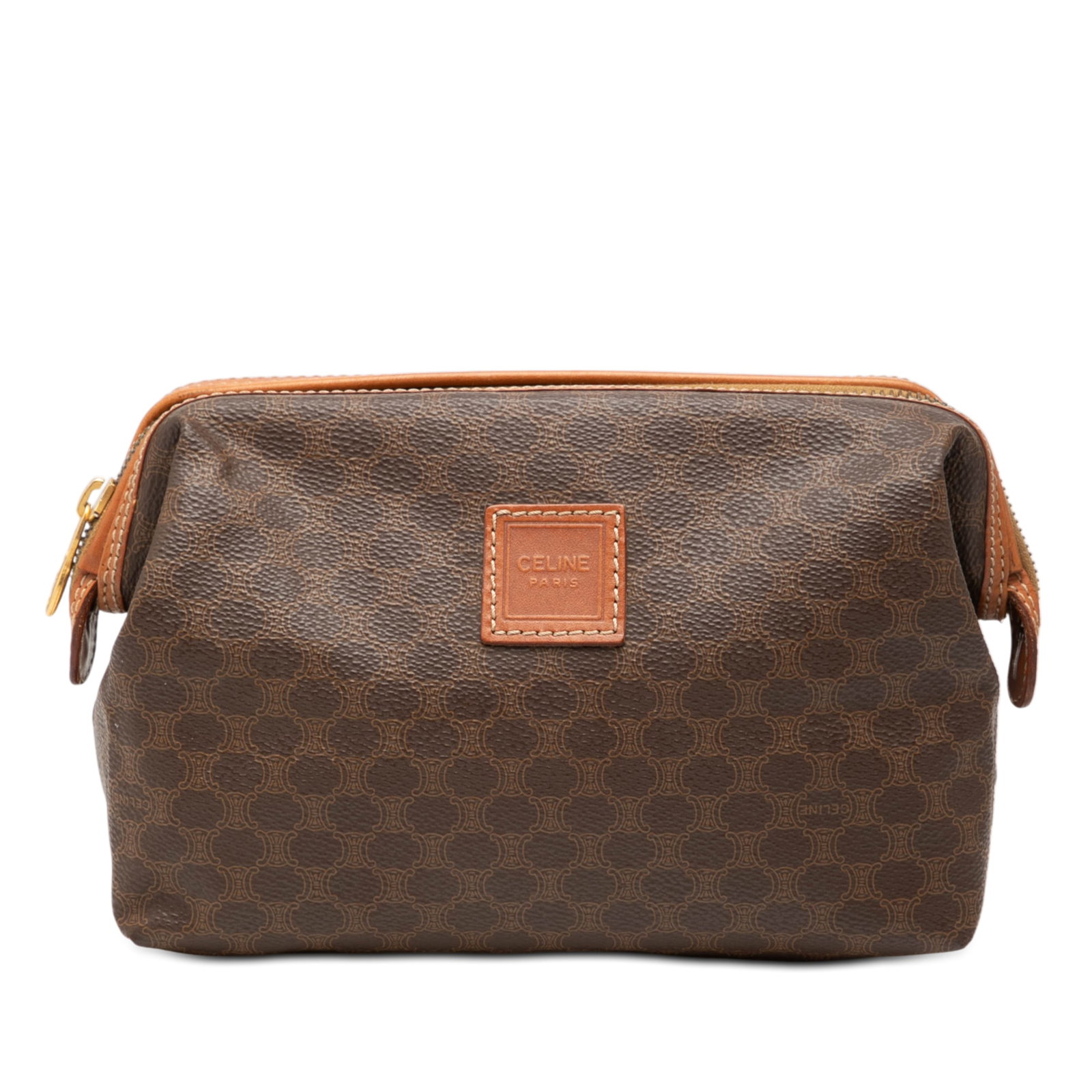 Celine Brown Macadam Pattern Coated Canvas Clutch Bag with Leather Trim: Celine Brown Macadam Pattern Coated Canvas Clutch Bag with Leather Trim This Celine Macadam clutch features a coated canvas body with leather trim, a top zip closure, and interior slip pockets. The ba