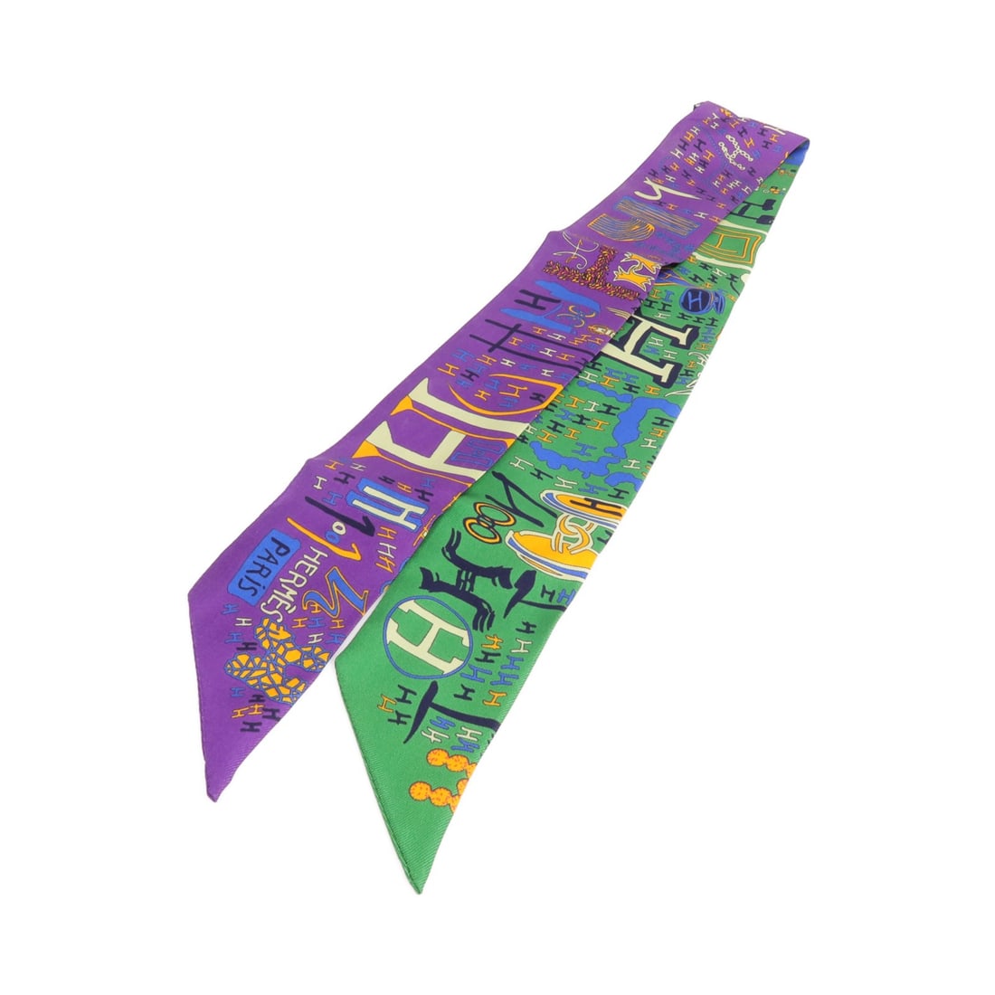 Hermes Silk Twilly Purple Green Multicolor Women's Scarf: Hermes Silk Twilly Purple Green Multicolor Women's Scarf This Hermes Twilly scarf is crafted from silk and features a vibrant combination of purple, green, and multicolor tones. Designed for women, it