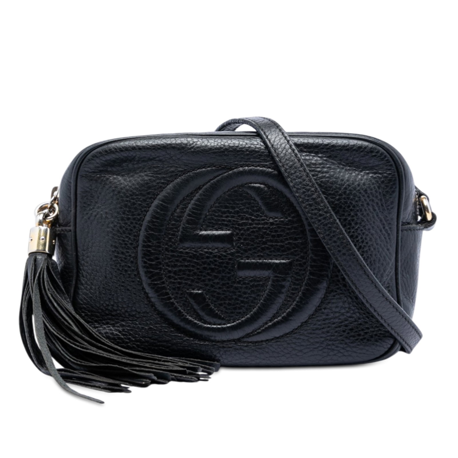 Black Leather Soho Disco Crossbody Bag by Gucci with Tassel Accent: Black Leather Soho Disco Crossbody Bag by Gucci with Tassel Accent This Gucci Soho Disco crossbody bag features a black leather body with a distinctive tassel detail, an adjustable flat leather strap,