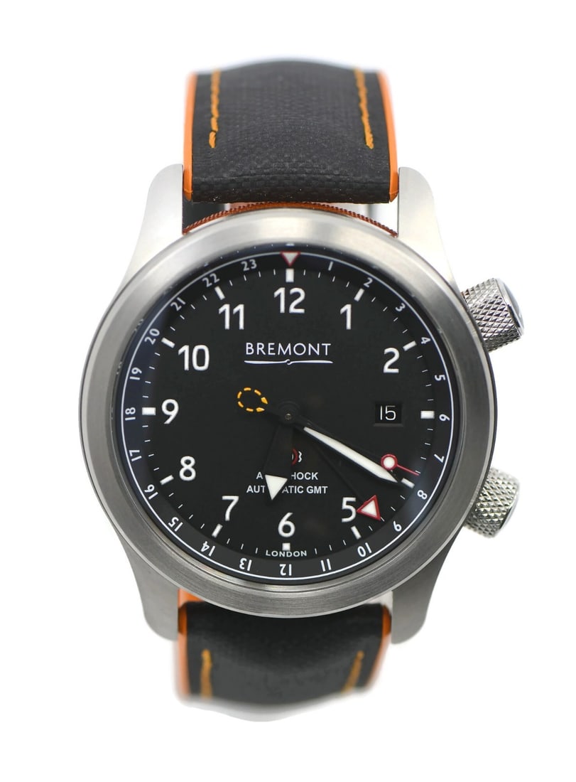 Bremont MBIIII 43mm Stainless Steel Automatic Wristwatch: Bremont MBIIII 43mm Stainless Steel Automatic Wristwatch This Bremont MBIIII wristwatch features a 43mm stainless steel case and a black leather two-piece strap, offering a sophisticated and durable d