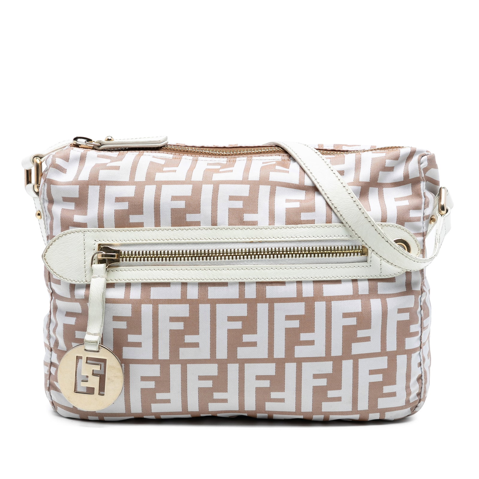 Fendi Zucca Canvas Brown Crossbody Bag with Leather Trim: Fendi Zucca Canvas Brown Crossbody Bag with Leather Trim This Fendi Zucca Canvas Crossbody features a durable canvas body with leather trim, a flat leather strap, a top zip closure, an exterior front 