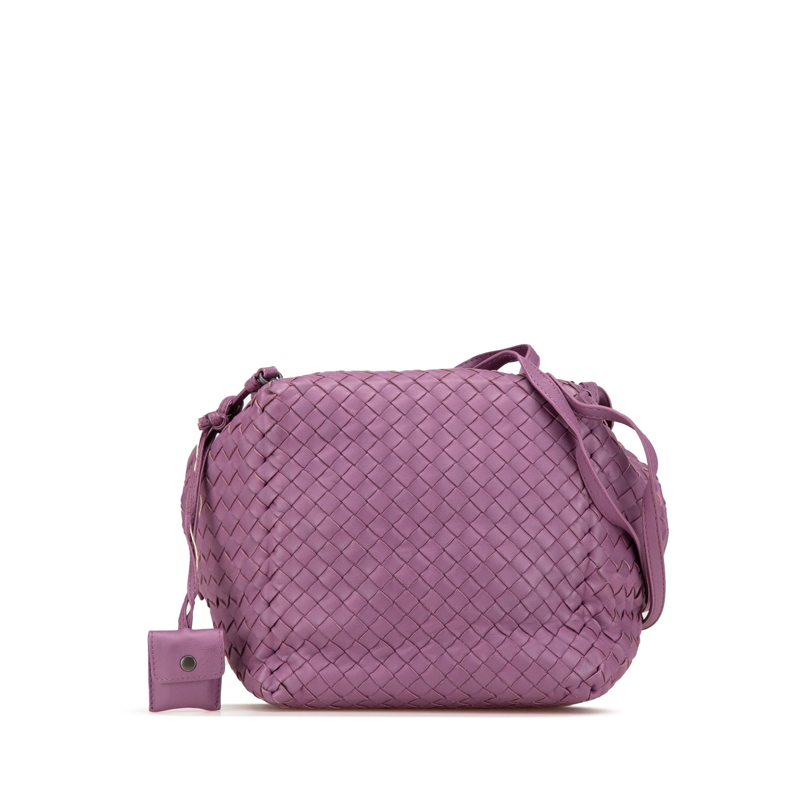 Bottega Veneta Purple Nappa Intrecciato Cube Leather Crossbody: Bottega Veneta Purple Nappa Intrecciato Cube Leather Crossbody Introducing the Bottega Veneta Nappa Intrecciato Cube Crossbody, a stylish and functional accessory crafted from premium leather. This un