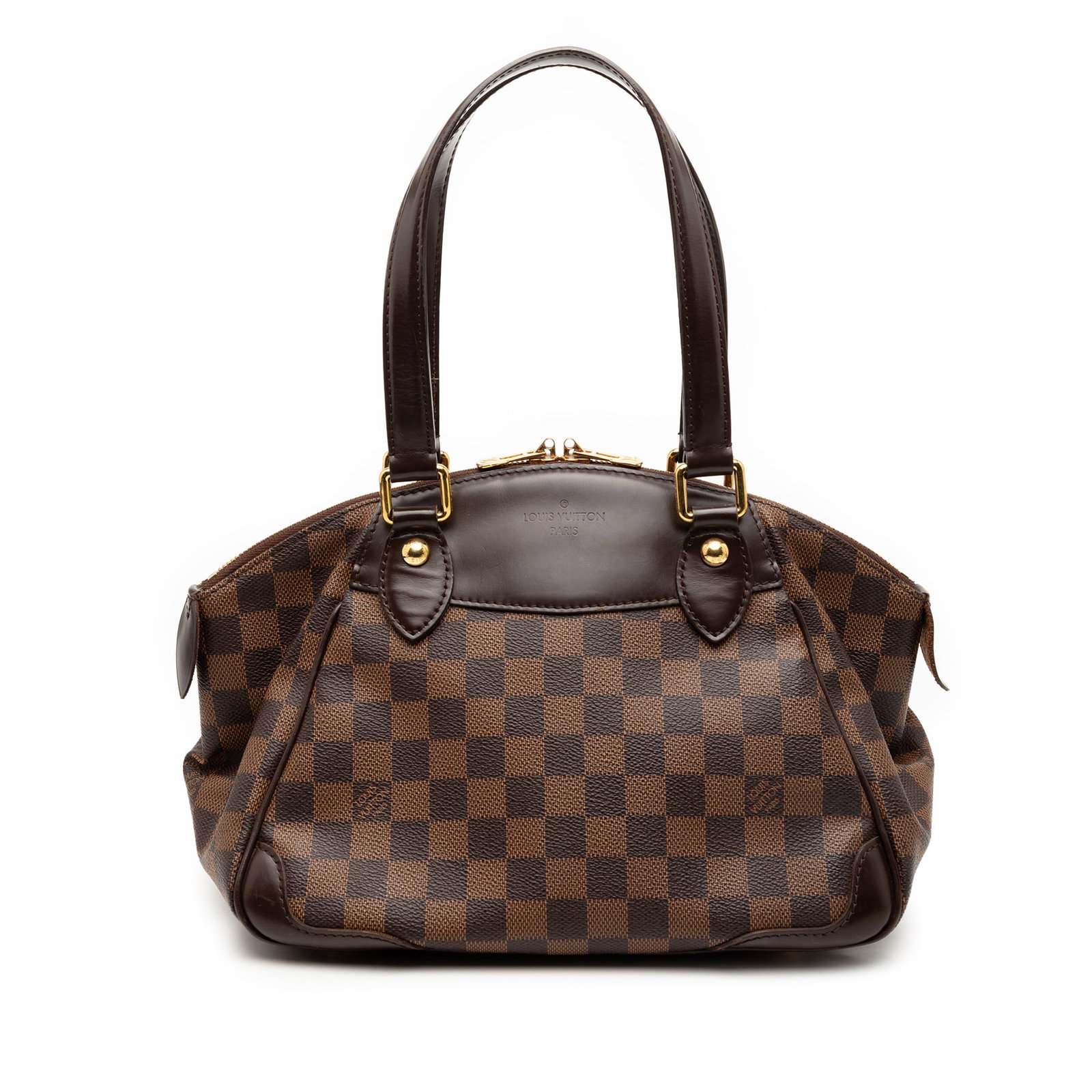 Damier Ebene Verona PM Handbag by Louis Vuitton with Leather Trim: Damier Ebene Verona PM Handbag by Louis Vuitton with Leather Trim The Louis Vuitton Damier Ebene Verona PM features a brown Damier Ebene canvas body with leather trim and flat leather top handles. It 
