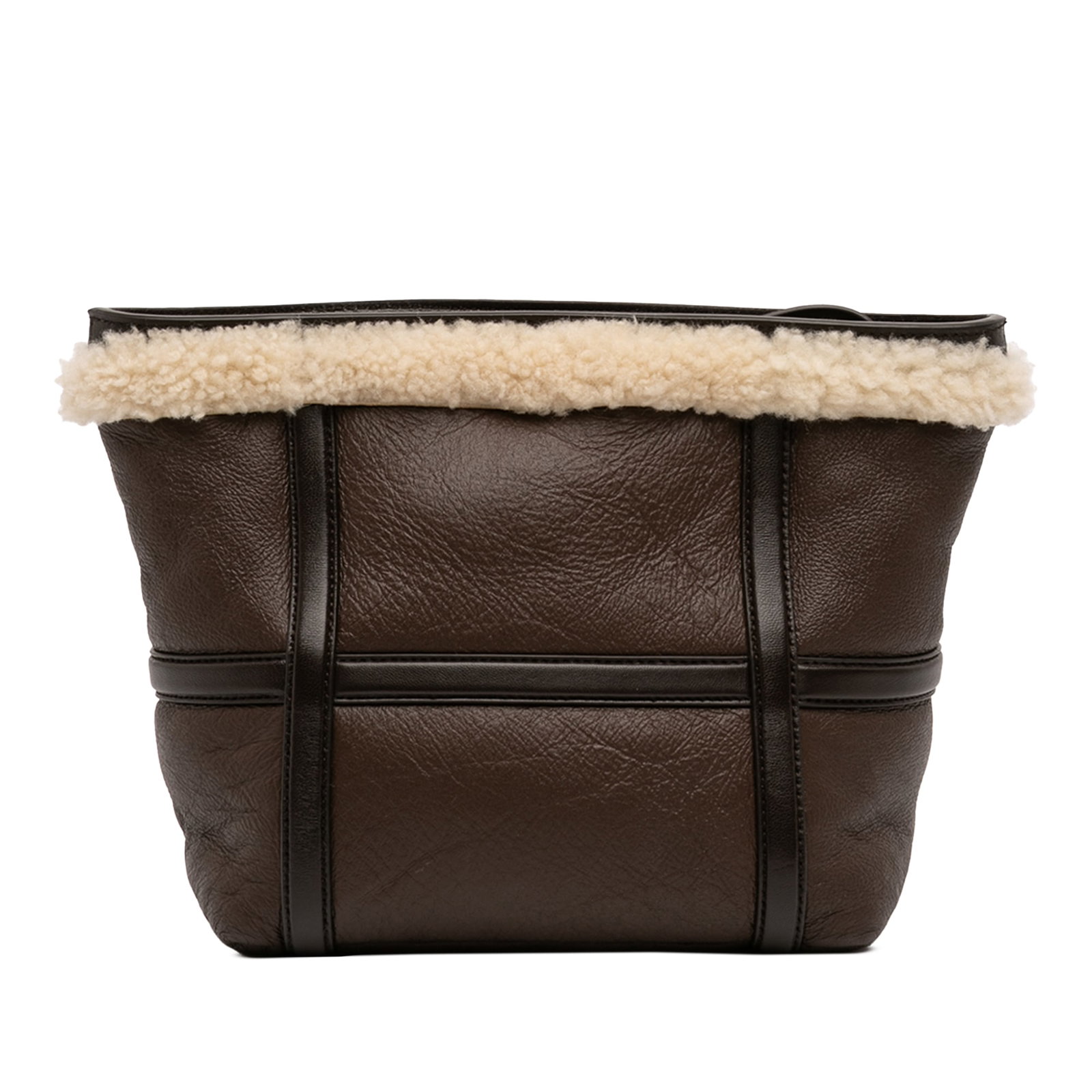 Brown Leather Clutch with Shearling Trim by Bottega Veneta: Brown Leather Clutch with Shearling Trim by Bottega Veneta This Bottega Veneta clutch showcases a luxurious leather body accented with shearling trim and is secured by a top zip closure. The bag is cr