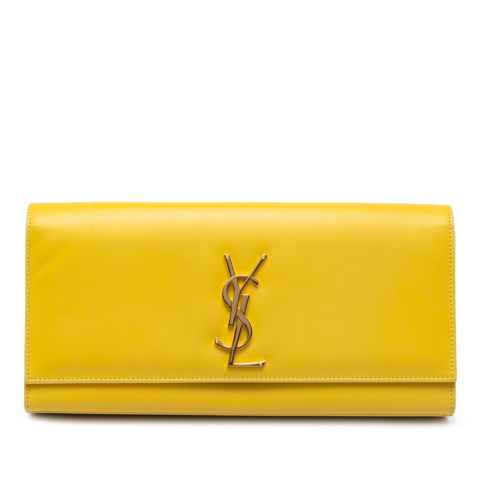 Yellow Leather Cassandre Clutch Bag by Saint Laurent: Yellow Leather Cassandre Clutch Bag by Saint Laurent This Saint Laurent Cassandre clutch is crafted from smooth yellow leather and features a front flap with a magnetic snap closure. The interior incl