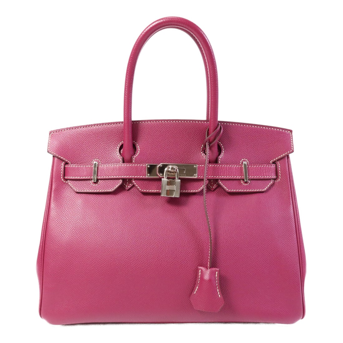 Birkin 30 Epsom Leather Handbag in Tosca Rose Tyrien with Palladium Hardware: Birkin 30 Epsom Leather Handbag in Tosca Rose Tyrien with Palladium Hardware This Hermes Birkin 30 handbag is crafted from Epsom calfskin leather in a striking purple shade. Featuring palladium hardwa
