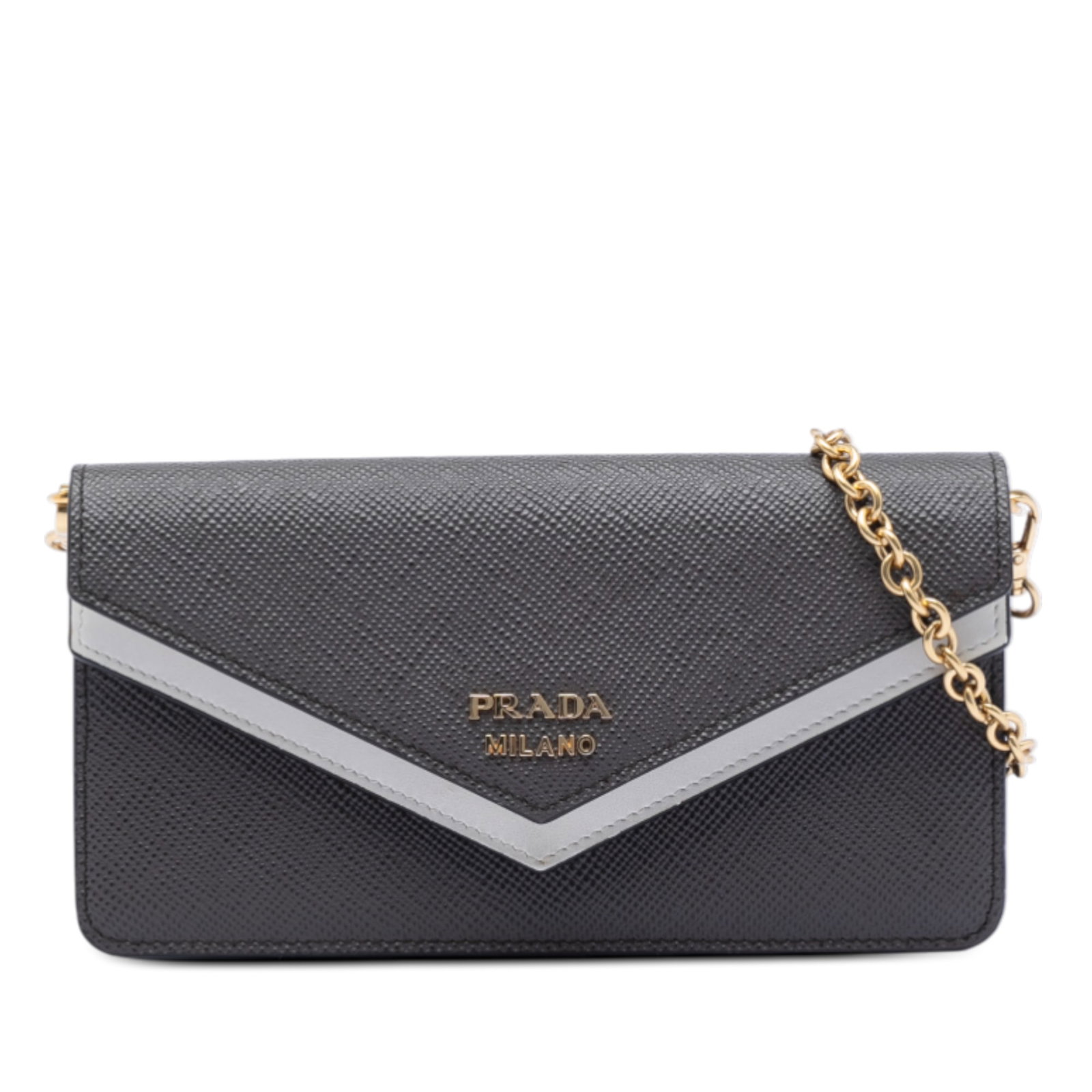 Prada Saffiano Leather Envelope Chain Wallet with Double Flap Design: Prada Saffiano Leather Envelope Chain Wallet with Double Flap Design This Prada Bicolor Saffiano Lux Envelope Double Flap Wallet on Chain features a durable saffiano leather body with a chain-link str