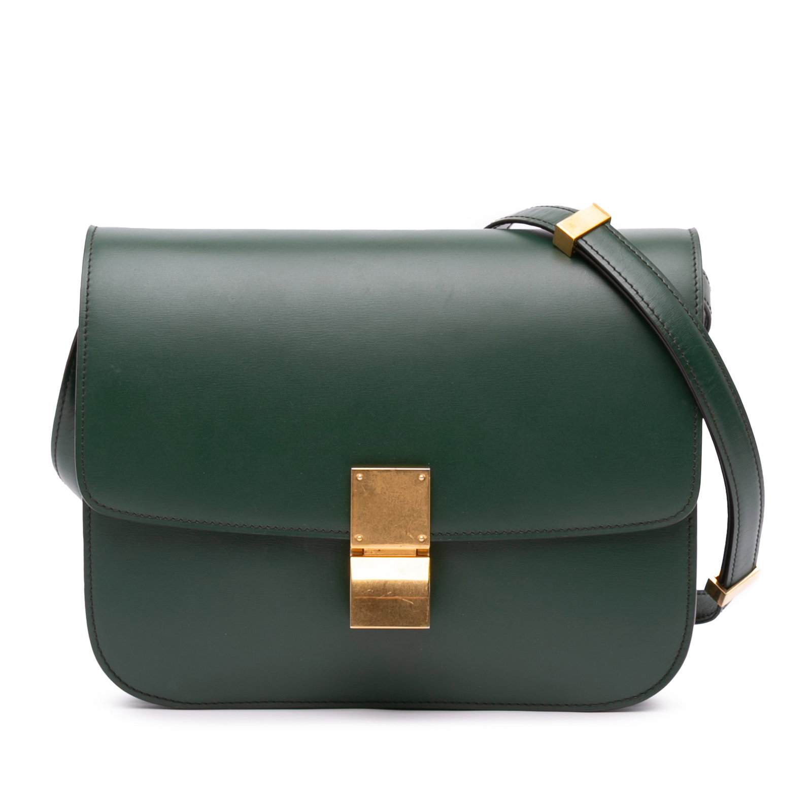 Celine Classic Box Medium Green Leather Crossbody Bag with Flap Closure: Celine Classic Box Medium Green Leather Crossbody Bag with Flap Closure This Celine Medium Calfskin Classic Box crossbody bag features a green leather body, a detachable flat leather strap, a front fl