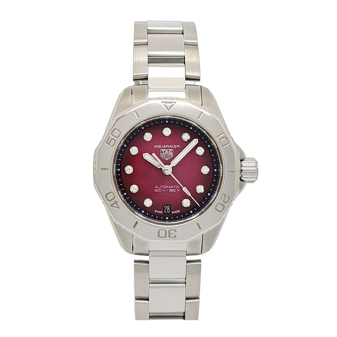 TAG Heuer Aquaracer 200 Red Mother of Pearl Diamond Dial Womens Watch: TAG Heuer Aquaracer 200 Red Mother of Pearl Diamond Dial Womens Watch This TAG Heuer Aquaracer Professional 200 is a women's wristwatch featuring a stainless steel case and band. The timepiece showcas
