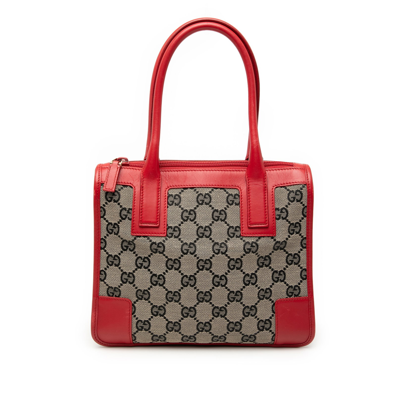 Beige GG Canvas Tote with Leather Trim by Gucci: Beige GG Canvas Tote with Leather Trim by Gucci This Gucci GG Canvas Handbag features a canvas exterior with leather trim, rolled leather handles, a top zip closure, and an interior zip pocket. The ba