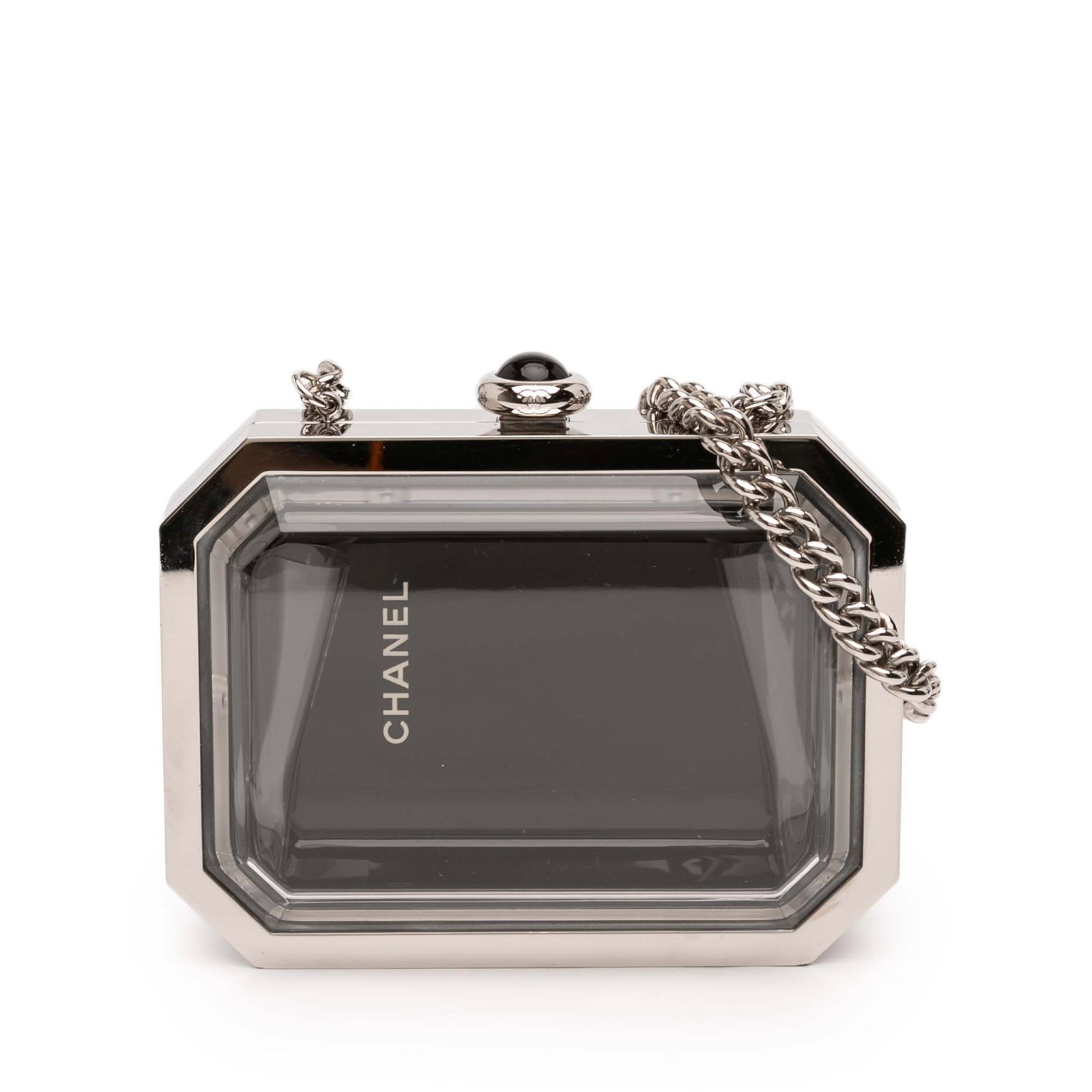 Chanel Premiere Minaudiere Crossbody Bag with Acrylic and Metal Chain: Chanel Premiere Minaudiere Crossbody Bag with Acrylic and Metal Chain This Chanel Premiere Minaudiere crossbody bag features a structured body crafted from acrylic and metal, complemented by silver-to