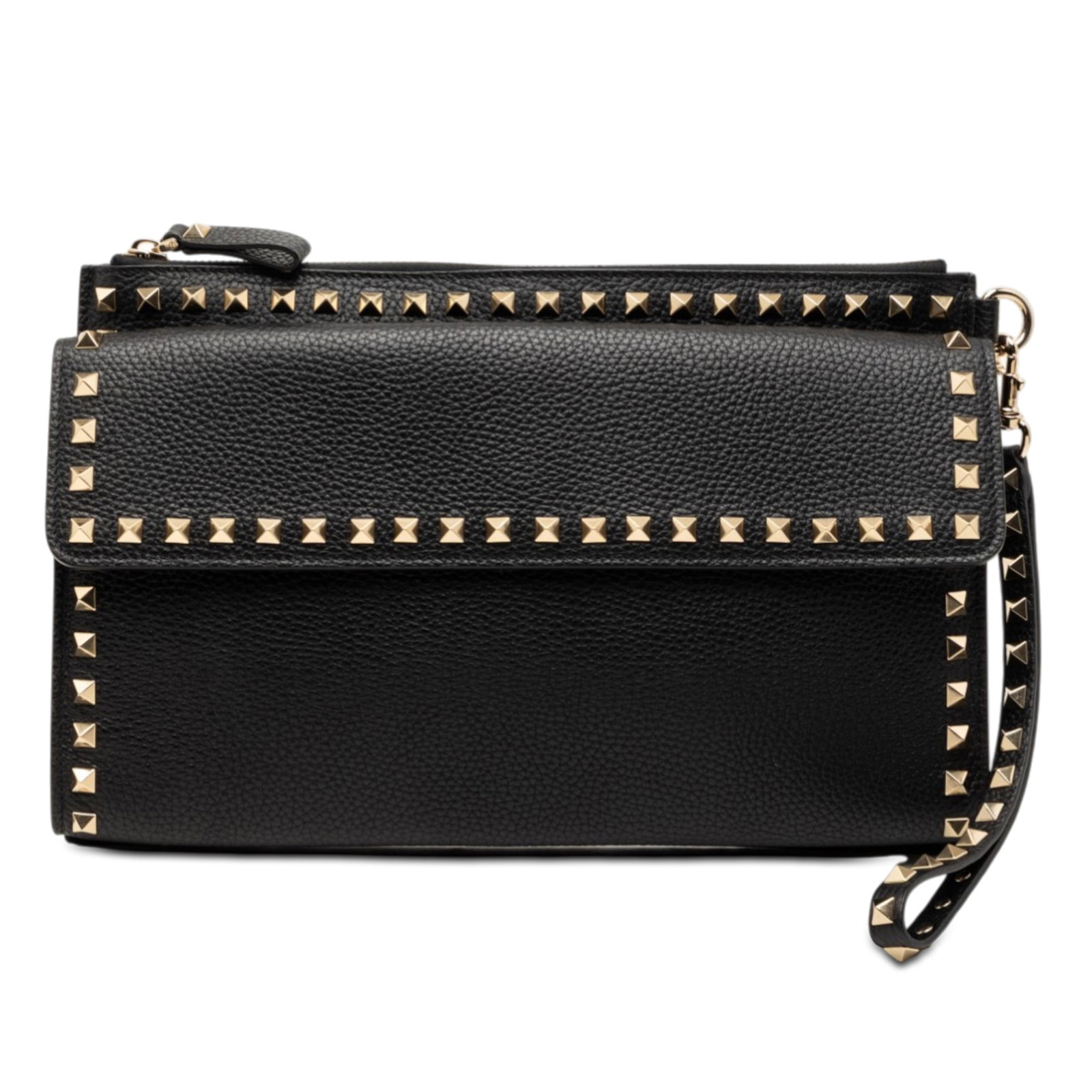 Black Leather Rockstud Wristlet Bag with Studded Detailing by Valentino: Black Leather Rockstud Wristlet Bag with Studded Detailing by Valentino This Valentino Grained Calfskin Rockstud Wristlet Clutch features a studded leather exterior, a flat leather wrist strap, a top 