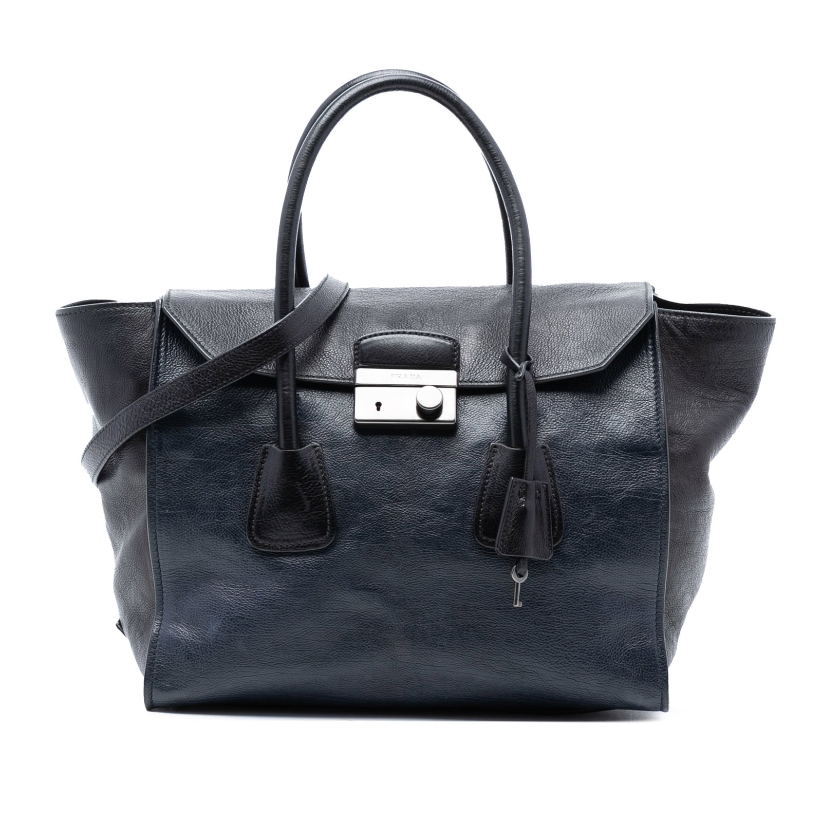 Prada Blue Leather Bicolor Glace Sound Lock Flap Satchel Bag (1 of 6)