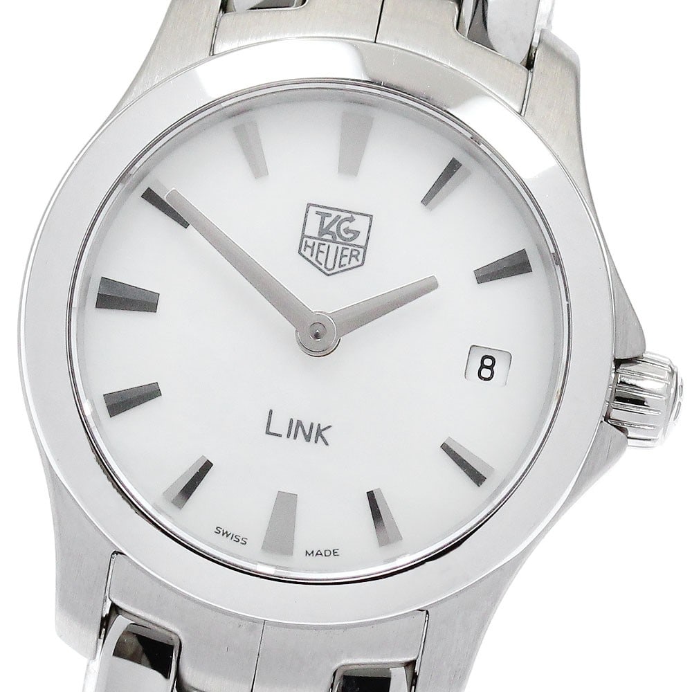 TAG Heuer Link Date Quartz Women's Stainless Steel Watch WJF1410: TAG Heuer Link Date Quartz Women's Stainless Steel Watch WJF1410 This TAG Heuer Link Date Quartz women's wristwatch features a stainless steel case and bracelet, complemented by a white mother-of-pear