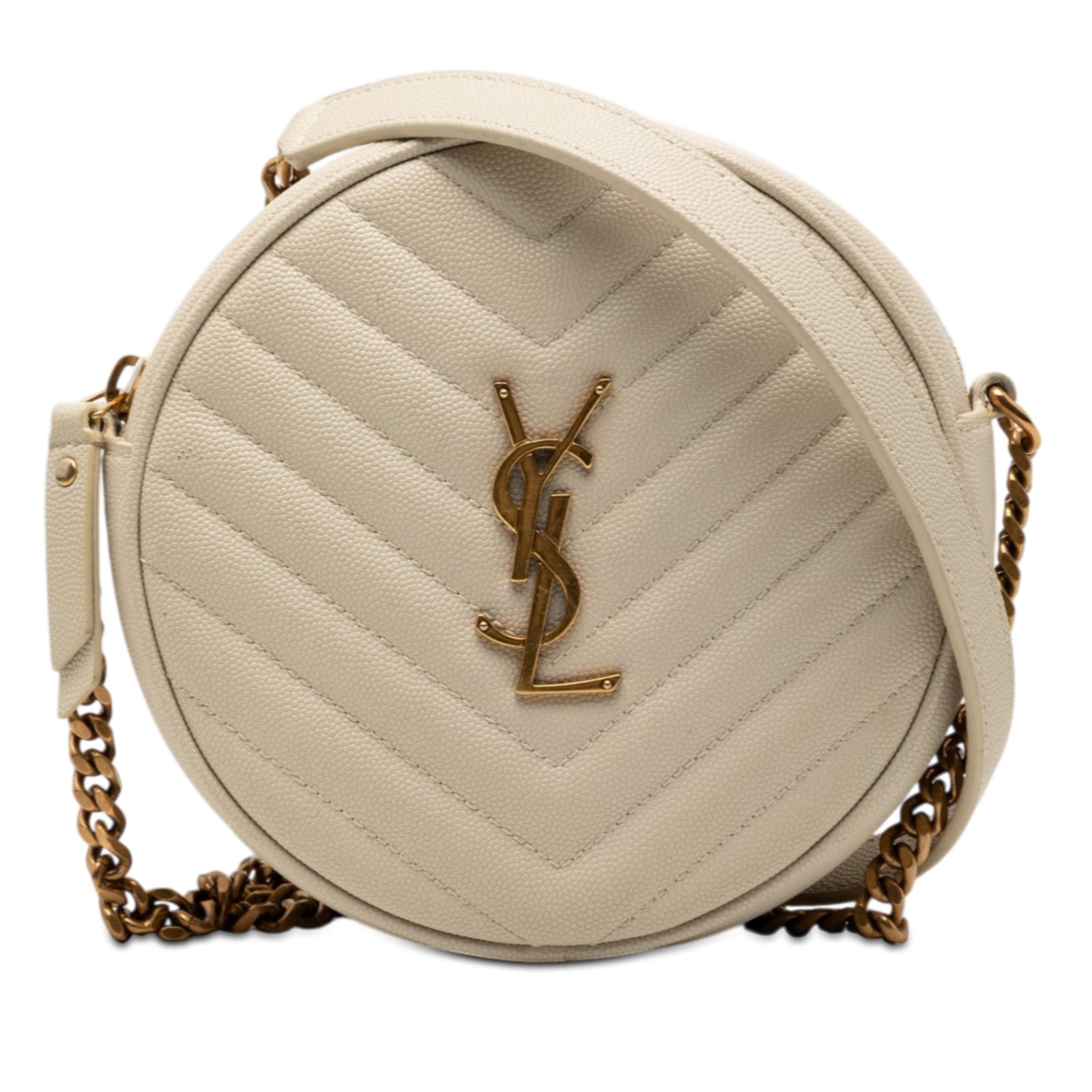 White Leather Chevron Quilted Saint Laurent Vinyle Camera Crossbody Bag: White Leather Chevron Quilted Saint Laurent Vinyle Camera Crossbody Bag This Saint Laurent Grain De Poudre Chevron Round Vinyle Camera Bag is crafted from quilted grained leather in white and features