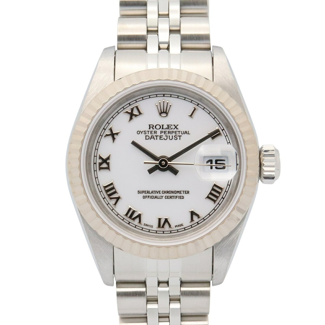 Rolex Datejust 79174 Women's Automatic White Roman Dial Watch: Rolex Datejust 79174 Women's Automatic White Roman Dial Watch This pre-owned Rolex Datejust A-Series women's wristwatch features a classic white dial with Roman numerals and a date display. Crafted fr