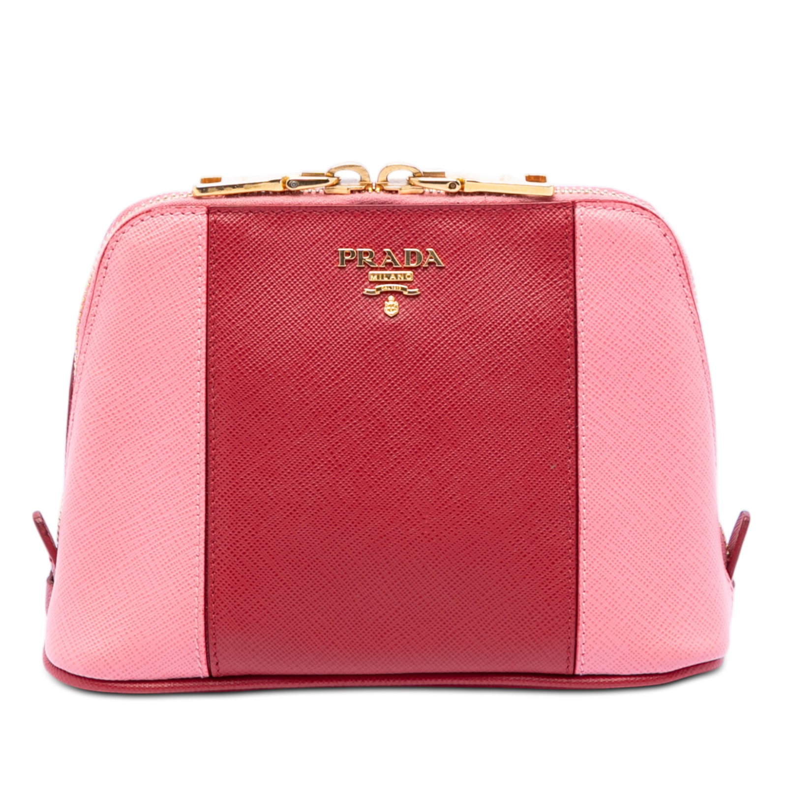 Prada Saffiano Leather Red Cosmetic Bag with Interior Pockets: Prada Saffiano Leather Red Cosmetic Bag with Interior Pockets This Prada Bicolor Saffiano Cosmetic Pouch features a saffiano leather exterior in a red color, complemented by a top zip closure and inte