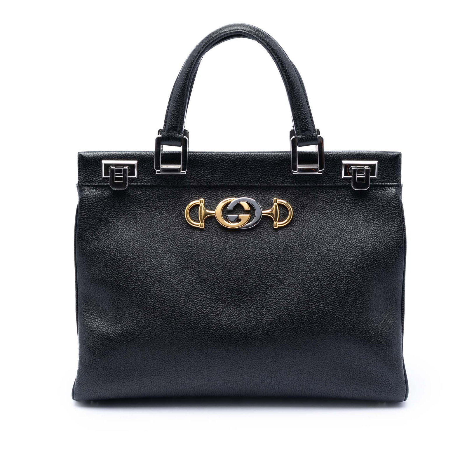 Black Leather Top Handle Satchel Gucci Zumi Medium Italy: Black Leather Top Handle Satchel Gucci Zumi Medium Italy This Gucci Medium Leather Zumi Top Handle Bag is crafted from black leather and features flat leather handles and dual flip-lock closures. The 