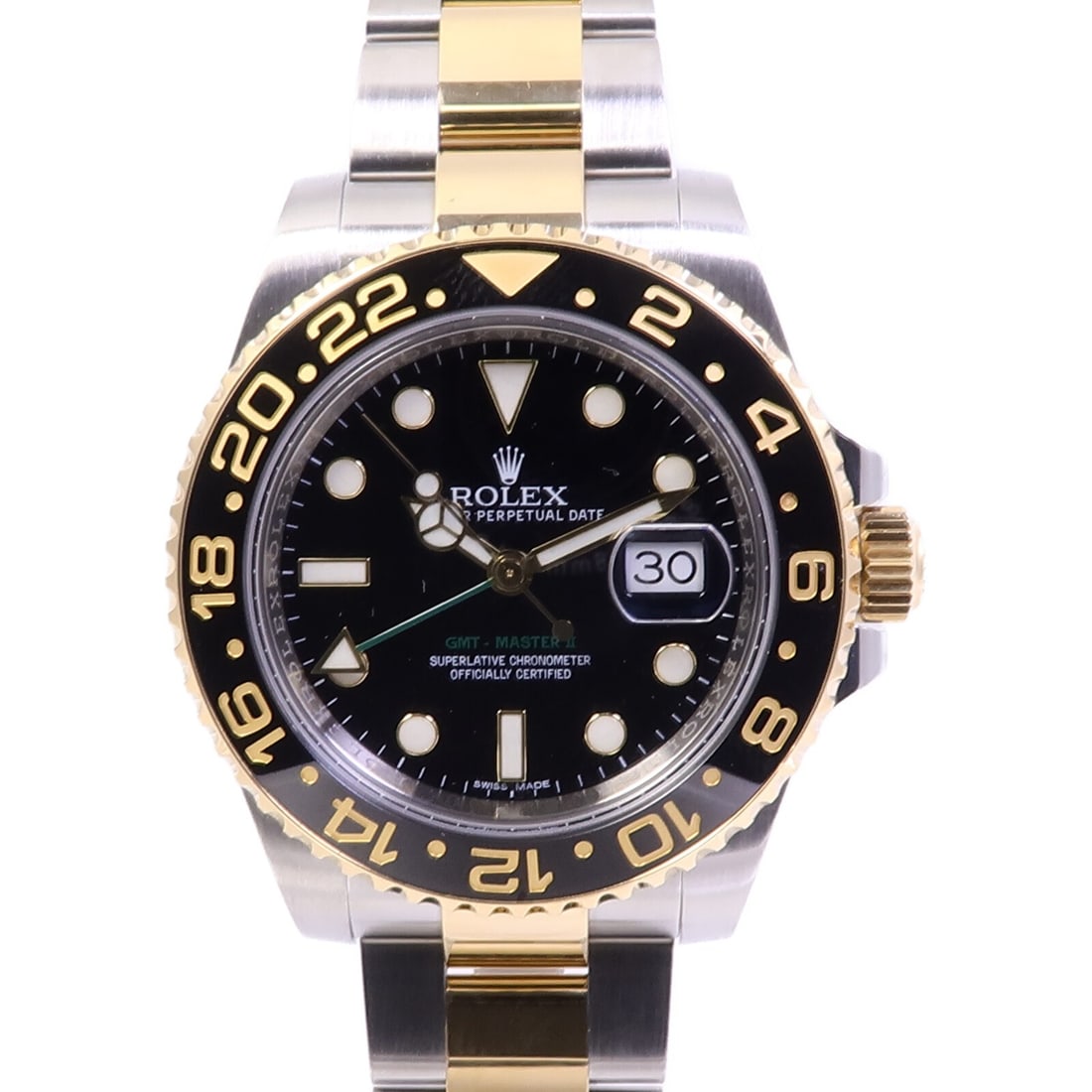 Black Dial Rolex GMT-Master II 116713LN Yellow Gold Steel Automatic Watch: Black Dial Rolex GMT-Master II 116713LN Yellow Gold Steel Automatic Watch This Rolex GMT-Master II 116713LN is a men's automatic wristwatch crafted from stainless steel and 18K yellow gold. It feature