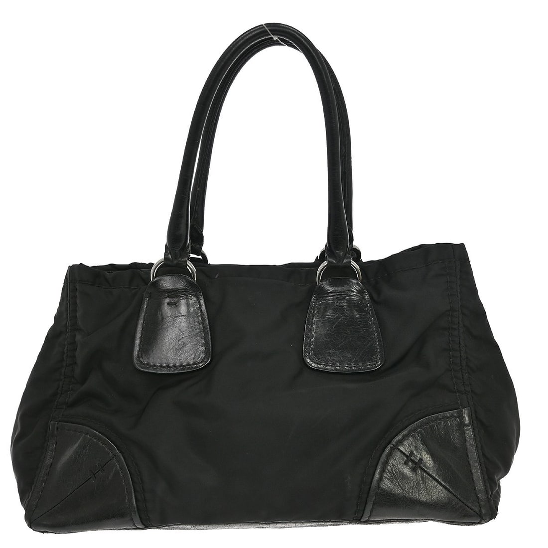 Prada Medium Black Nylon Logo Accent Women's Tote Handbag: Prada Medium Black Nylon Logo Accent Women's Tote Handbag This Prada black nylon tote bag features a medium-sized silhouette, ideal for casual occasions. The exterior is crafted from durable nylon and